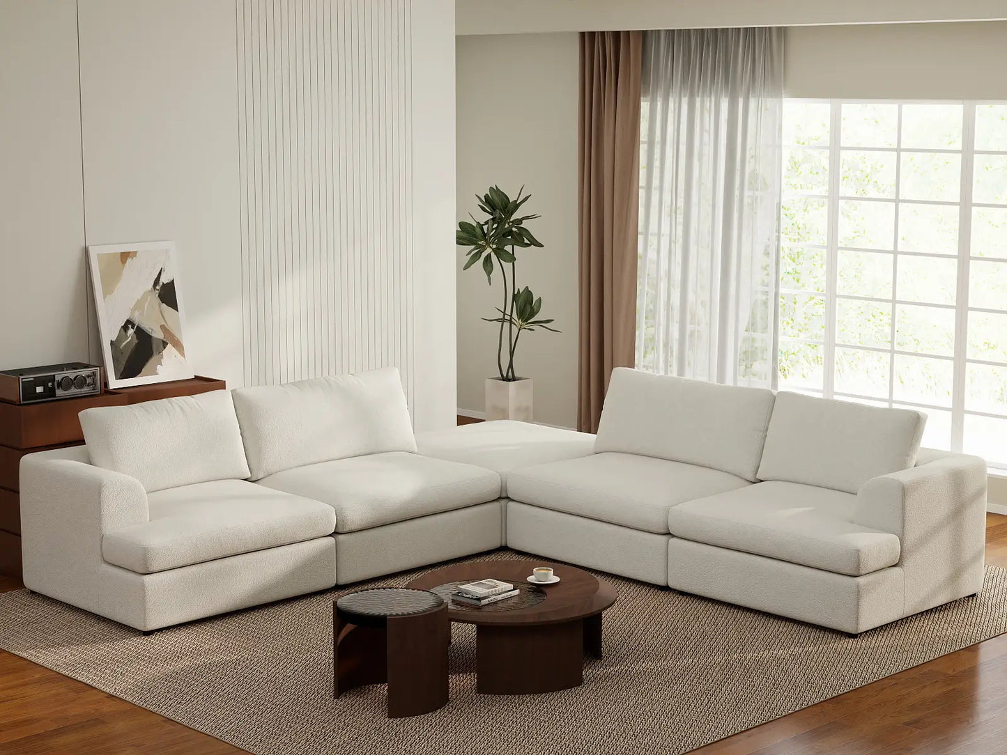 Deluxe Cloud 4-Seater White Large Space V-Shaped Sectional | 5-Piece (Includes 1 Ottoman), Bouclé Sherpa-Like Fabric, Easy To Clean