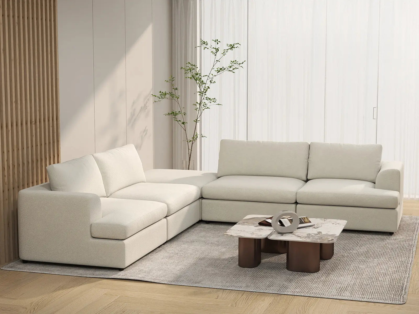 Deluxe Cloud 4-Seater White Large Space V-Shaped Sectional | 5-Piece (Includes 1 Ottoman), Bouclé Sherpa-Like Fabric, Easy To Clean