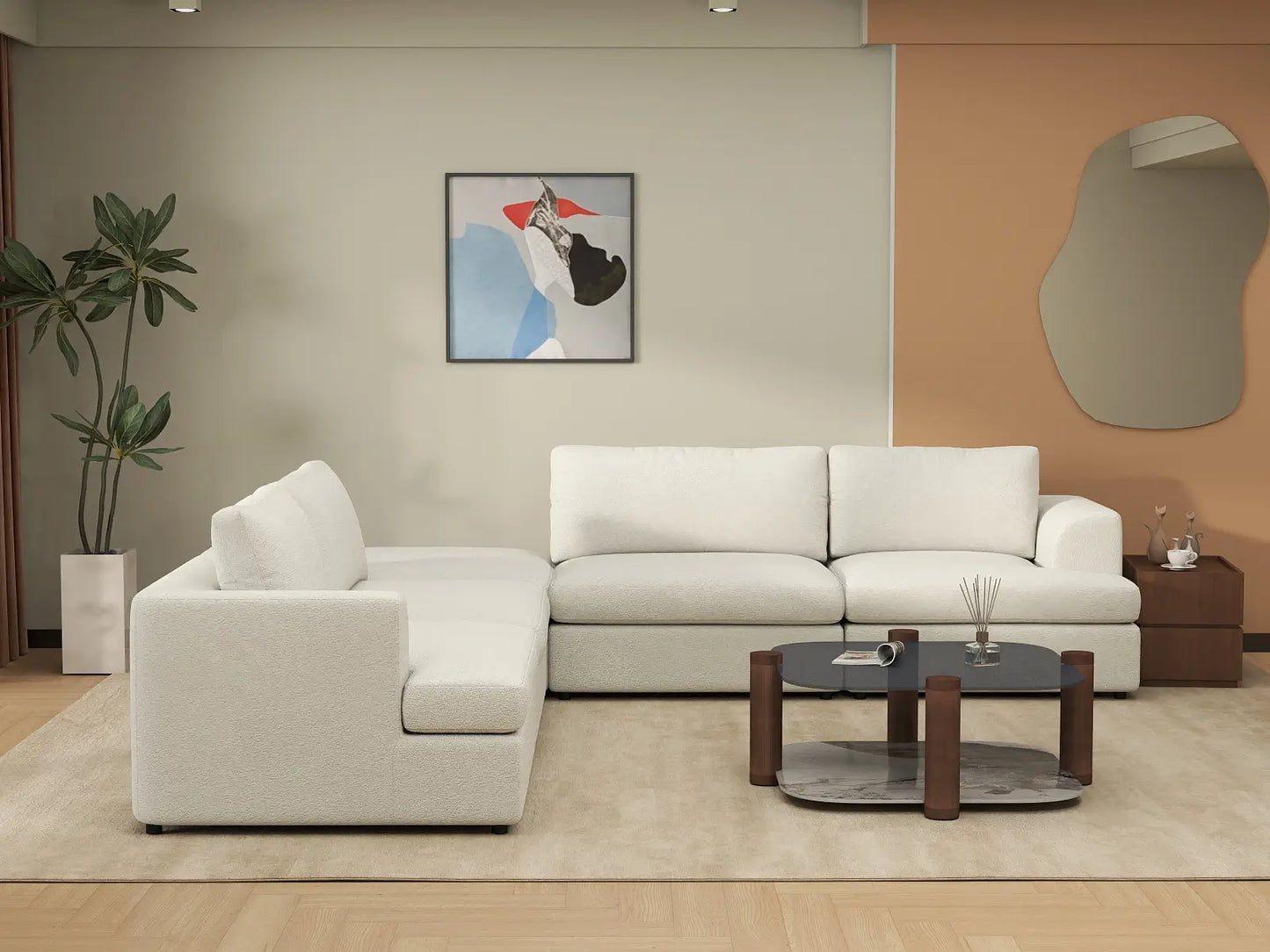 Deluxe Cloud 4-Seater White Large Space V-Shaped Sectional | 5-Piece (Includes 1 Ottoman), Bouclé Sherpa-Like Fabric, Easy To Clean