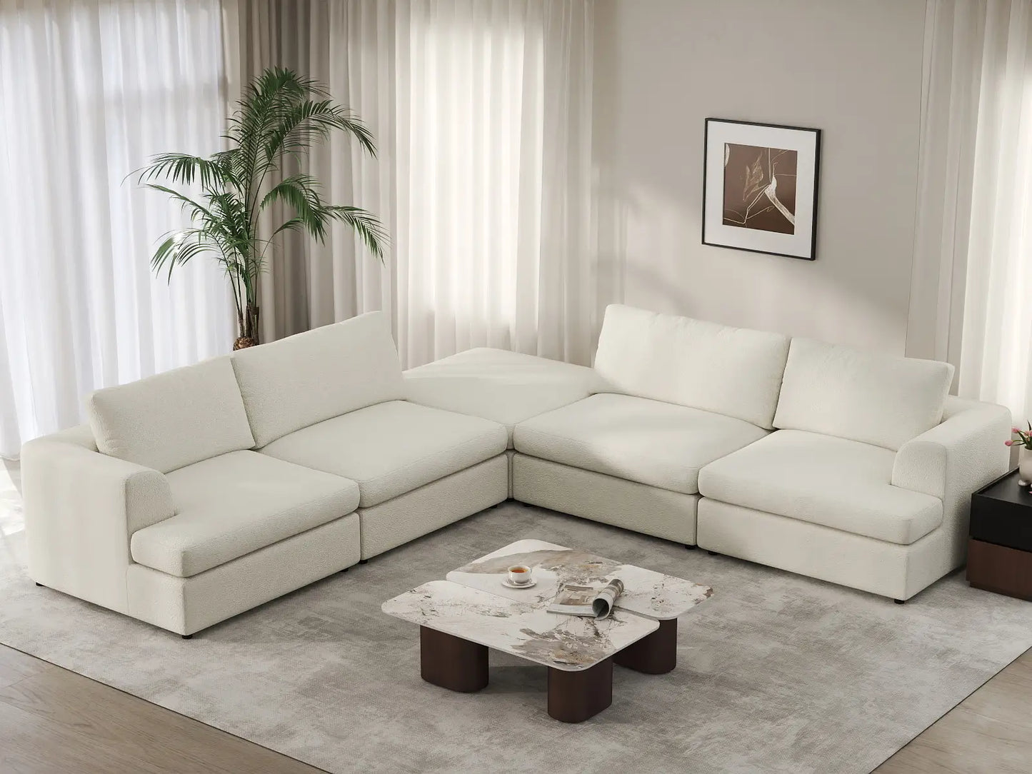 Deluxe Cloud 4-Seater White Large Space V-Shaped Sectional | 5-Piece (Includes 1 Ottoman), Bouclé Sherpa-Like Fabric, Easy To Clean