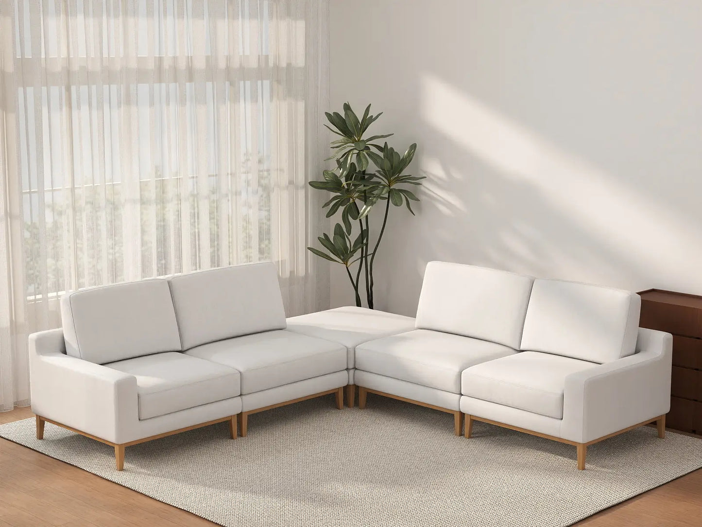 Deluxe Cloud 4-Seater White Large Space V-Shaped Sectional | 5-Piece (Includes 1 Ottoman), Linen Look Poly Fabric, Easy To Clean