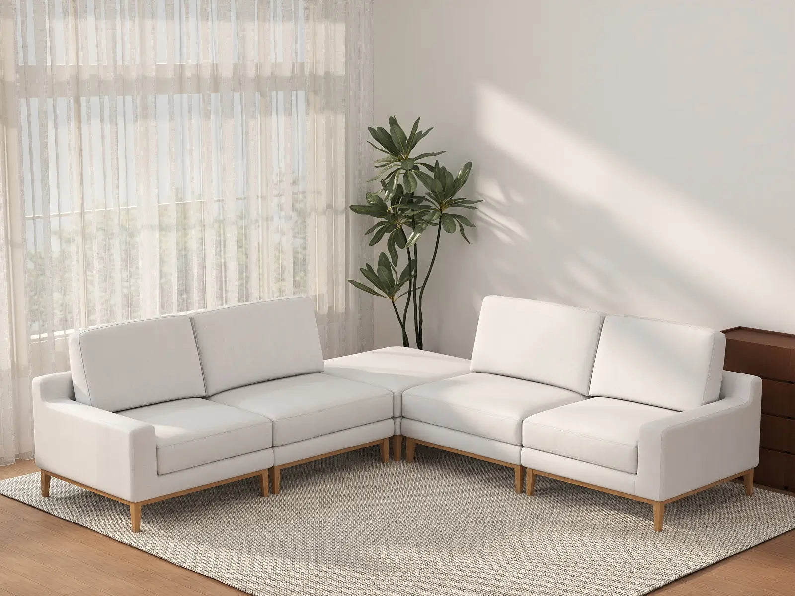 Deluxe Cloud 4-Seater White Large Space V-Shaped Sectional | 5-Piece (Includes 1 Ottoman), Linen Look Poly Fabric, Easy To Clean