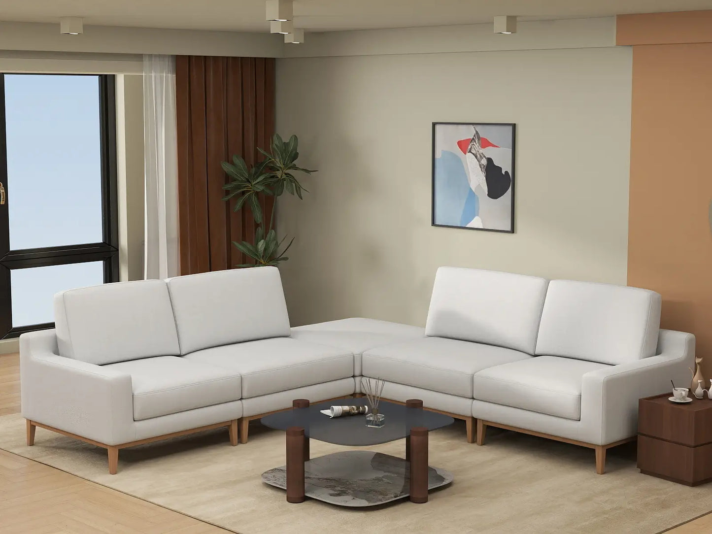 Deluxe Cloud 4-Seater White Large Space V-Shaped Sectional | 5-Piece (Includes 1 Ottoman), Linen Look Poly Fabric, Easy To Clean
