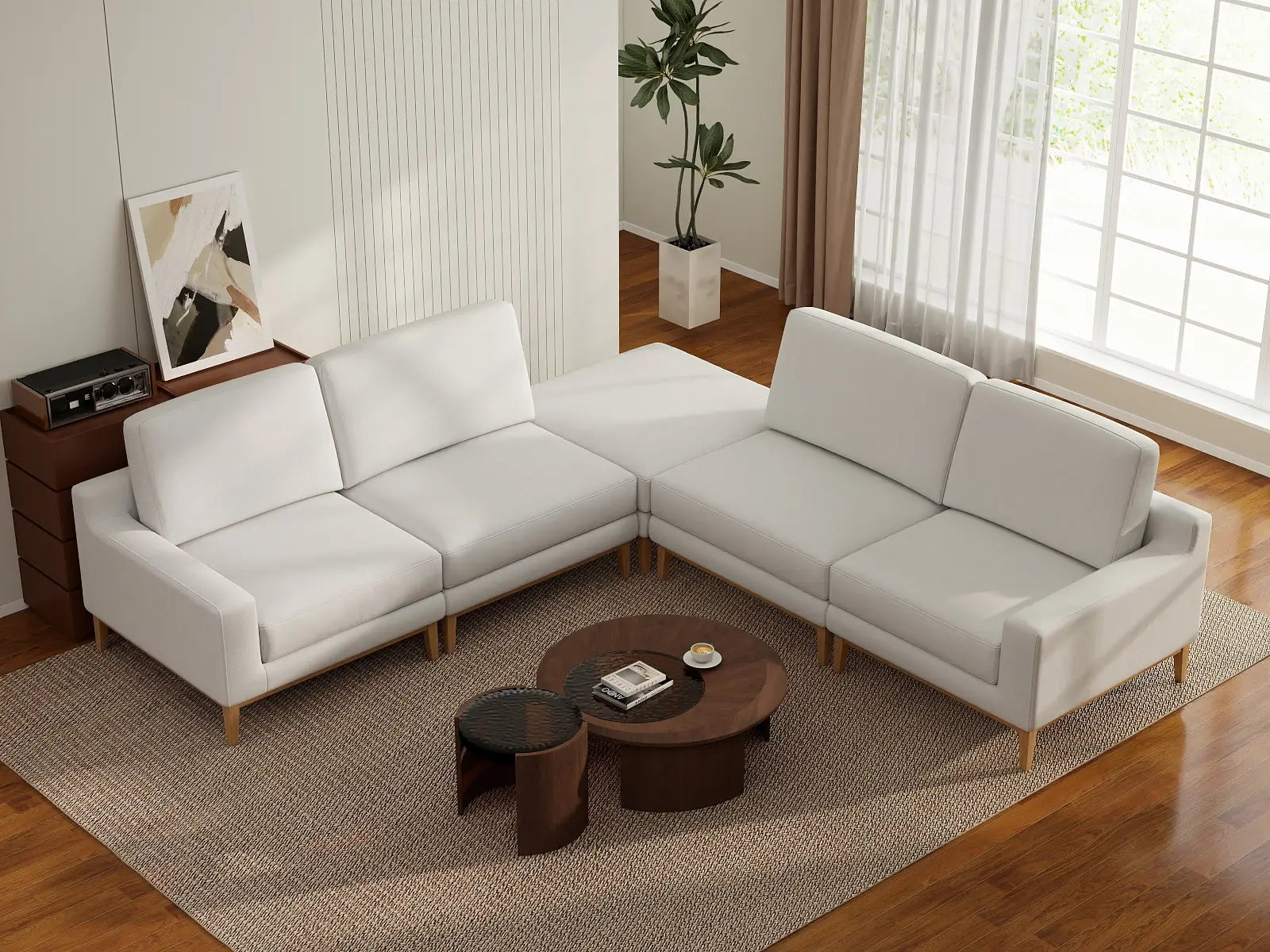 Deluxe Cloud 4-Seater White Large Space V-Shaped Sectional | 5-Piece (Includes 1 Ottoman), Linen Look Poly Fabric, Easy To Clean