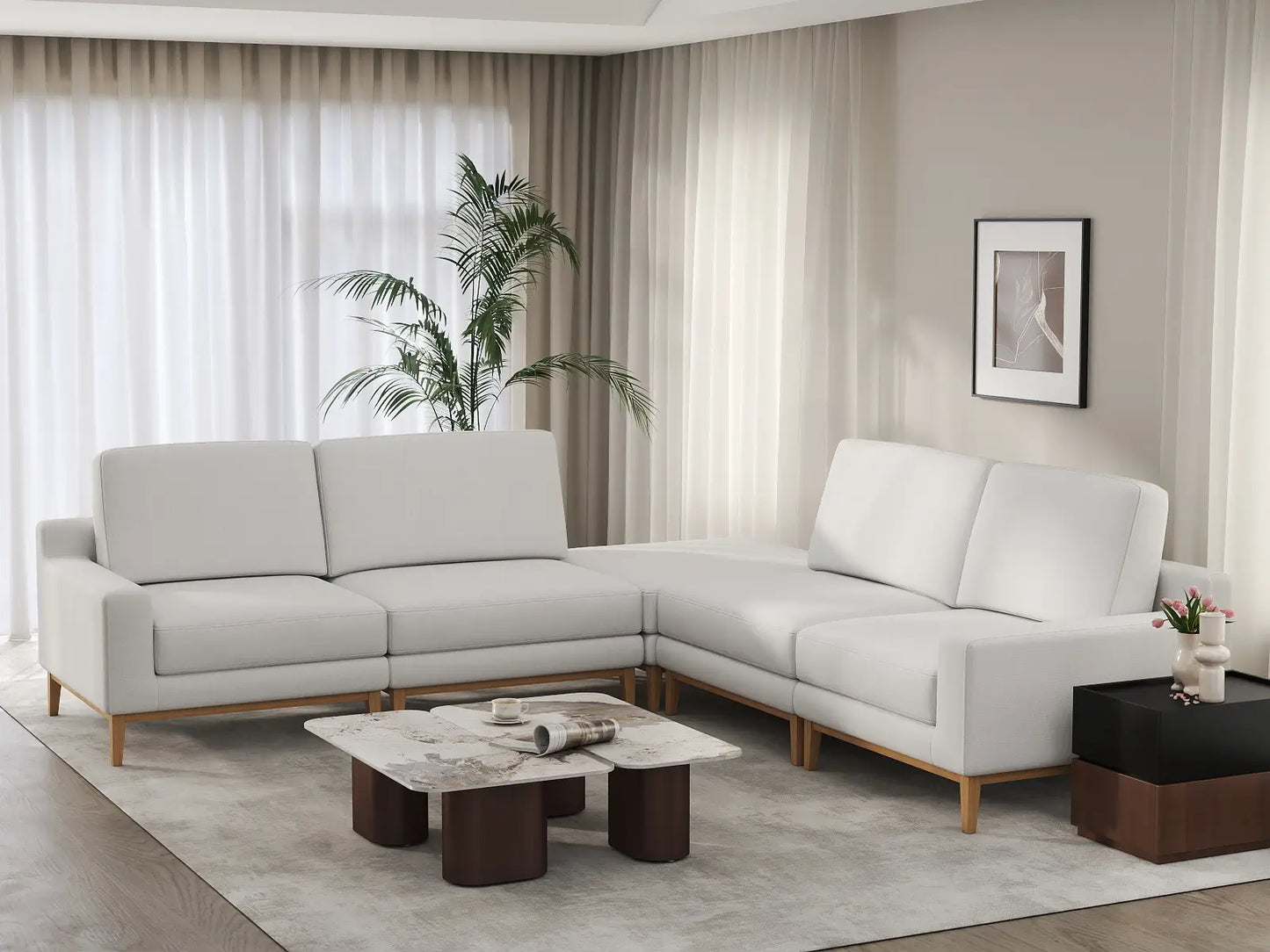 Deluxe Cloud 4-Seater White Large Space V-Shaped Sectional | 5-Piece (Includes 1 Ottoman), Linen Look Poly Fabric, Easy To Clean