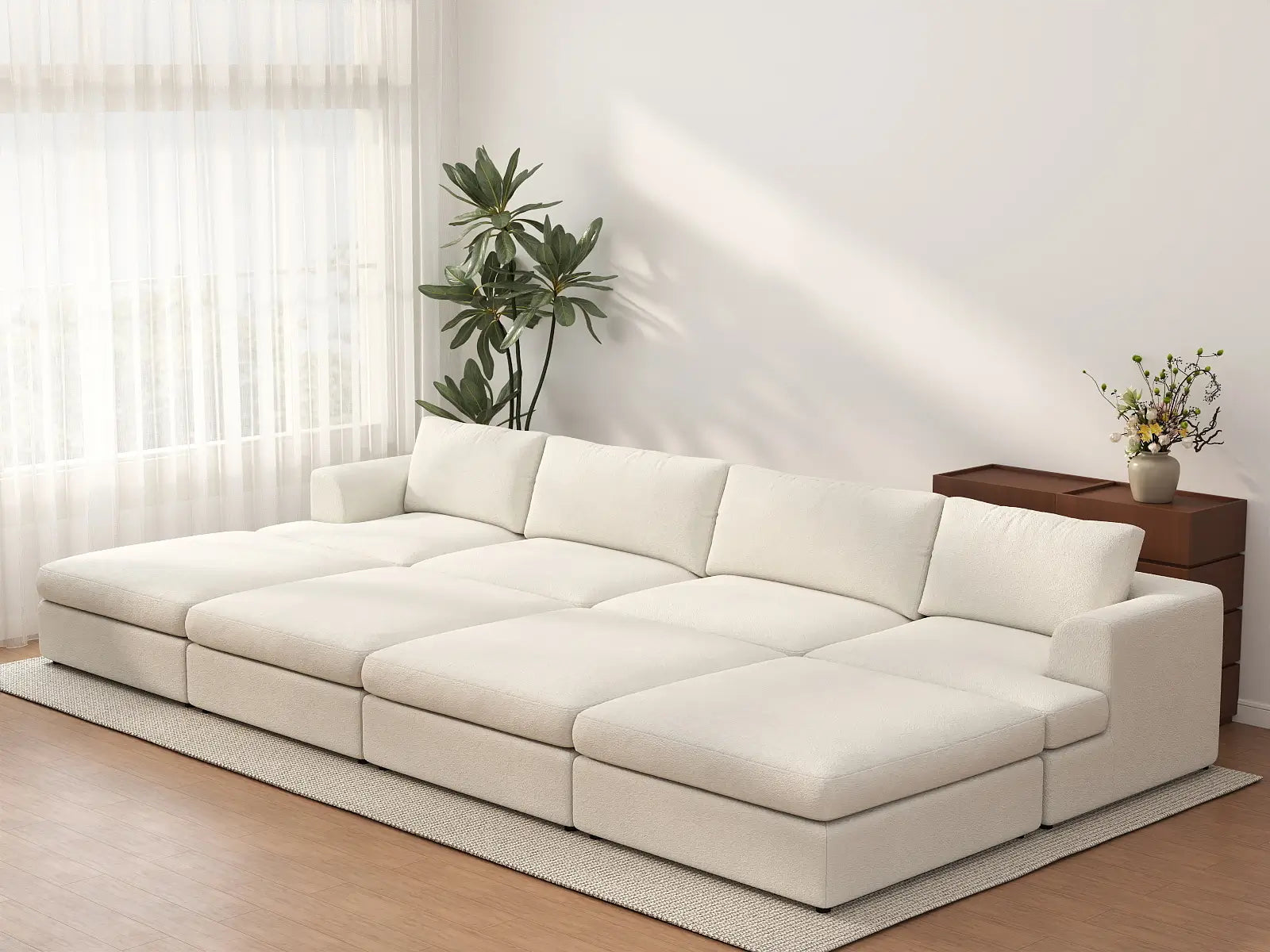 Deluxe Cloud 4-Seater White Open Space Pit Sectional | 8-Piece (Includes 4 Ottomans), Bouclé Sherpa-Like Fabric, Easy To Clean