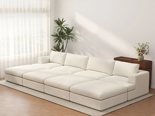 Sofá seccional de pozo abierto Deluxe Cloud de 4 plazas en blanco | 8 piezas (incluye 4 otomanas), tela tipo borreguillo buclé, fácil de limpiar