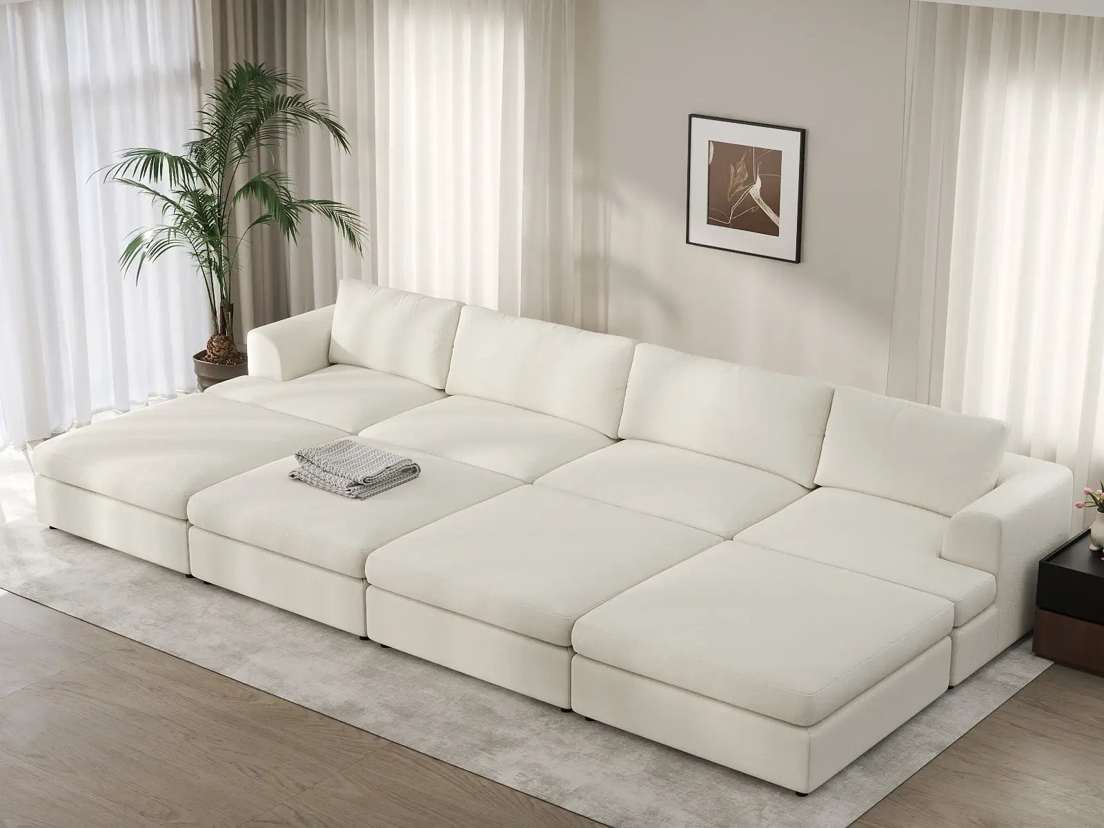 Deluxe Cloud 4-Seater White Open Space Pit Sectional | 8-Piece (Includes 4 Ottomans), Bouclé Sherpa-Like Fabric, Easy To Clean
