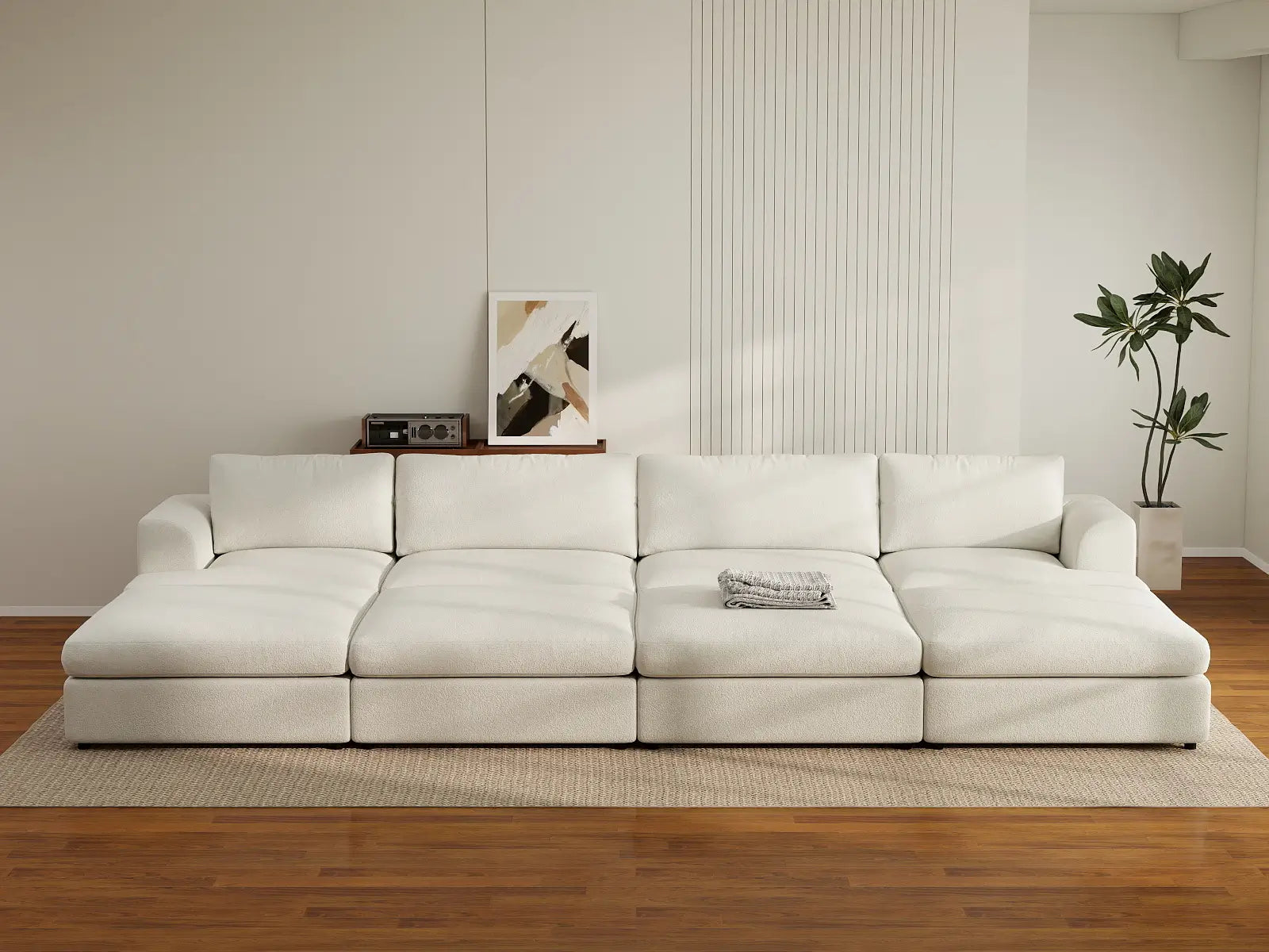 Deluxe Cloud 4-Seater White Open Space Pit Sectional | 8-Piece (Includes 4 Ottomans), Bouclé Sherpa-Like Fabric, Easy To Clean