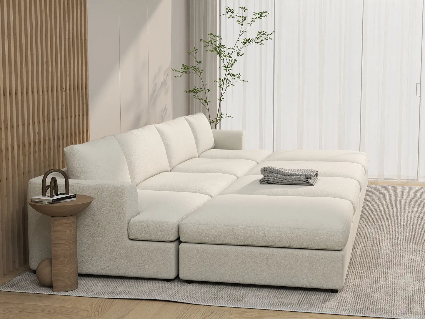 Deluxe Cloud 4-Seater White Open Space Pit Sectional | 8-Piece (Includes 4 Ottomans), Bouclé Sherpa-Like Fabric, Easy To Clean