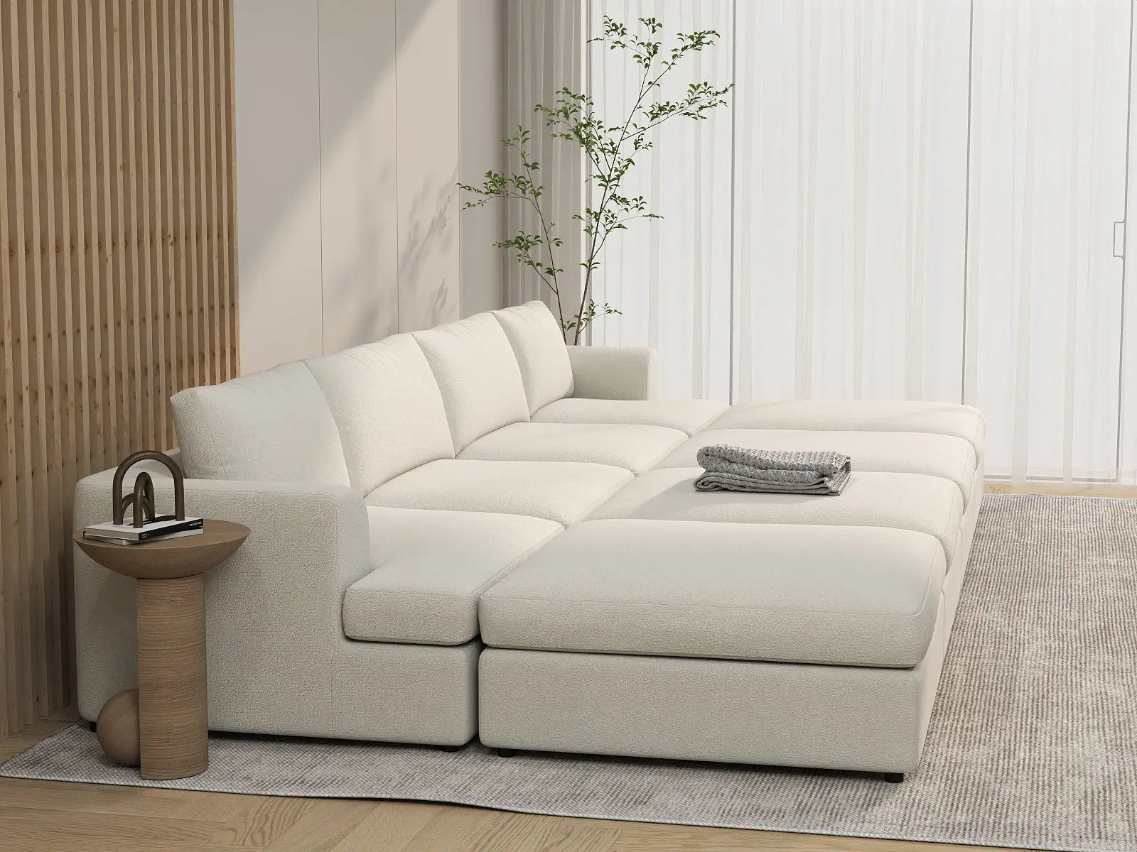 Deluxe Cloud 4-Seater White Open Space Pit Sectional | 8-Piece (Includes 4 Ottomans), Bouclé Sherpa-Like Fabric, Easy To Clean