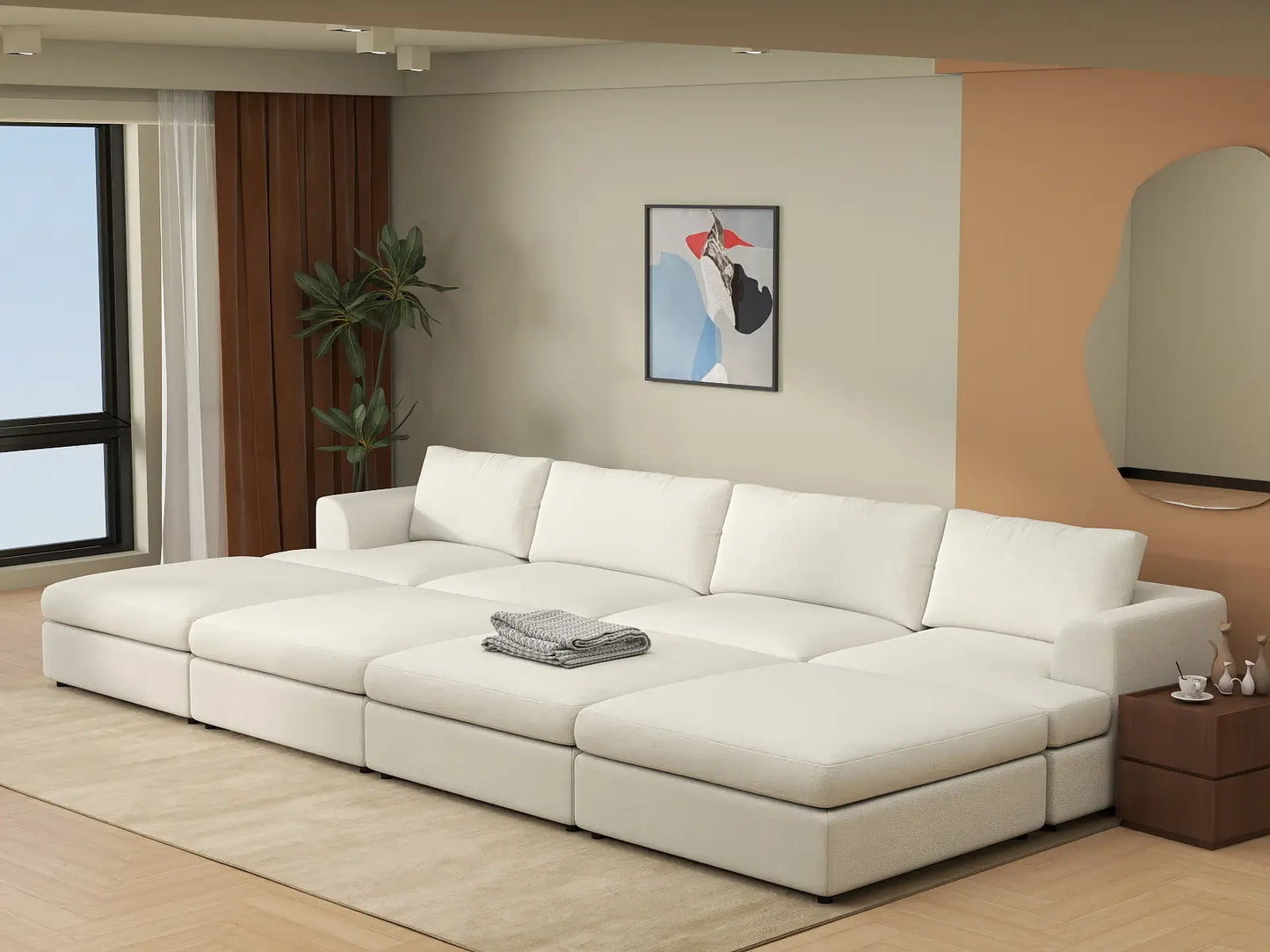 Deluxe Cloud 4-Seater White Open Space Pit Sectional | 8-Piece (Includes 4 Ottomans), Bouclé Sherpa-Like Fabric, Easy To Clean
