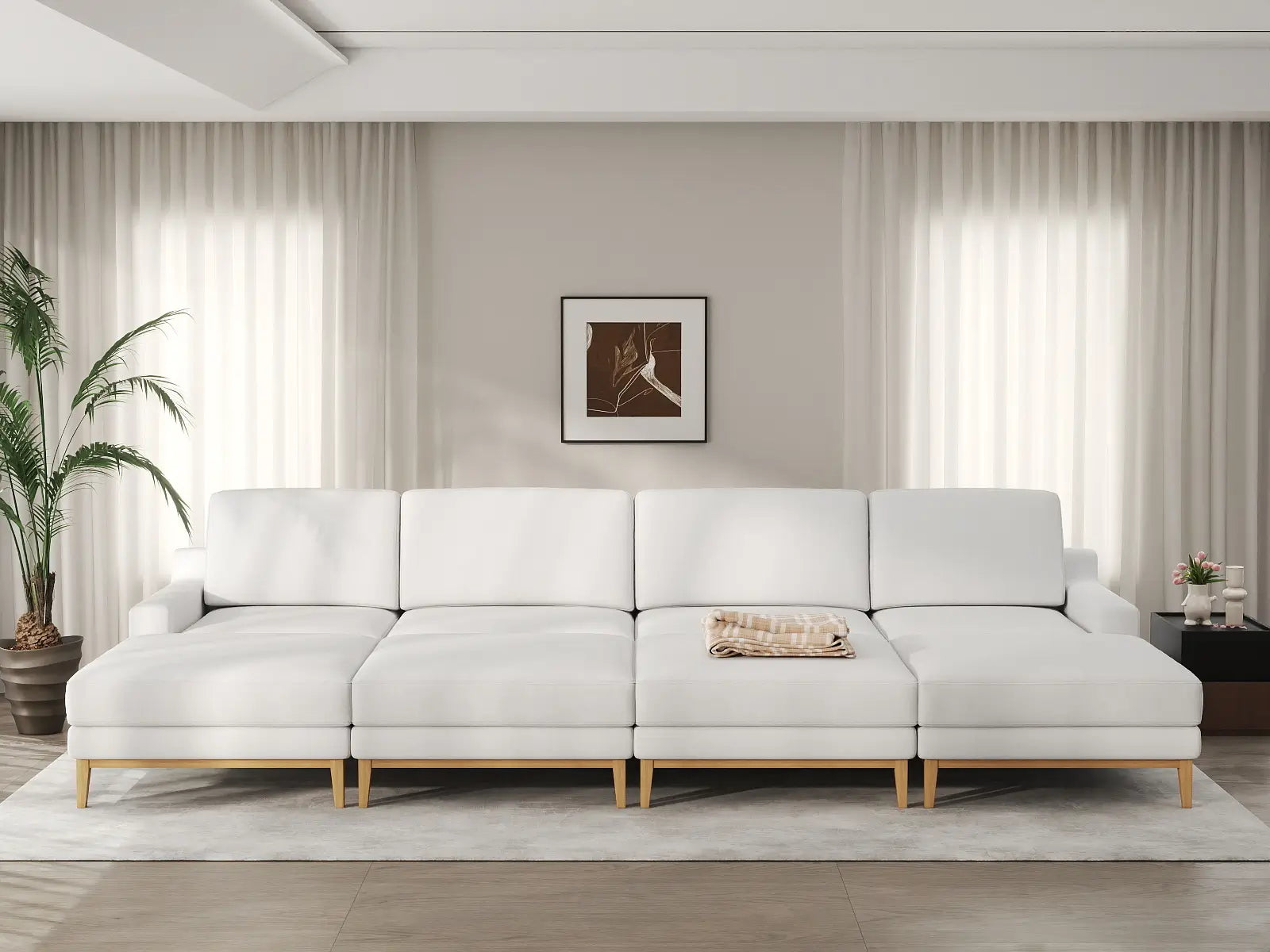 Deluxe Cloud 4-Seater White Open Space Pit Sectional | 8-Piece (Includes 4 Ottomans), Linen Look Poly Fabric, Easy To Clean