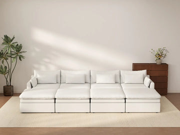 Deluxe Cloud 4-Seater White Open Space Pit Sectional | 8-Piece (Includes 4 Ottomans), Linen Look Poly Fabric, Easy To Clean