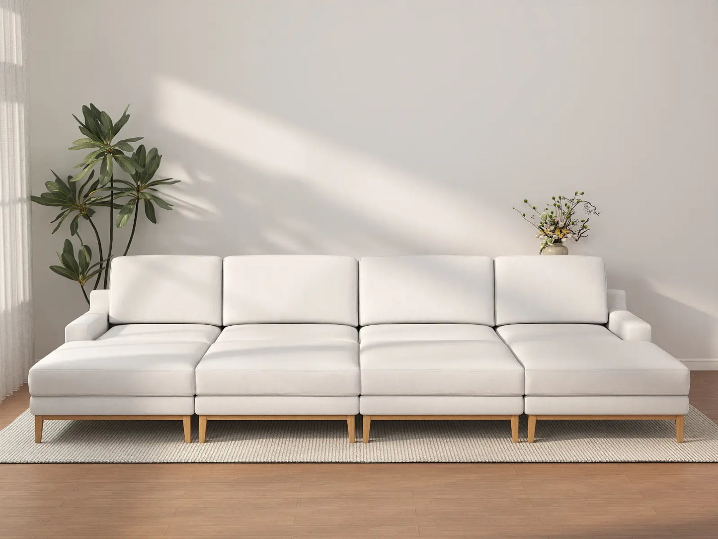 Deluxe Cloud 4-Seater White Open Space Pit Sectional | 8-Piece (Includes 4 Ottomans), Linen Look Poly Fabric, Easy To Clean