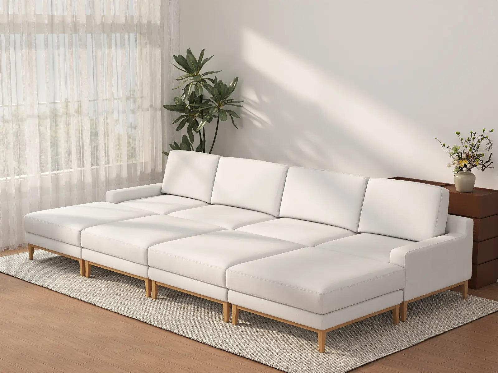 Deluxe Cloud 4-Seater White Open Space Pit Sectional | 8-Piece (Includes 4 Ottomans), Linen Look Poly Fabric, Easy To Clean