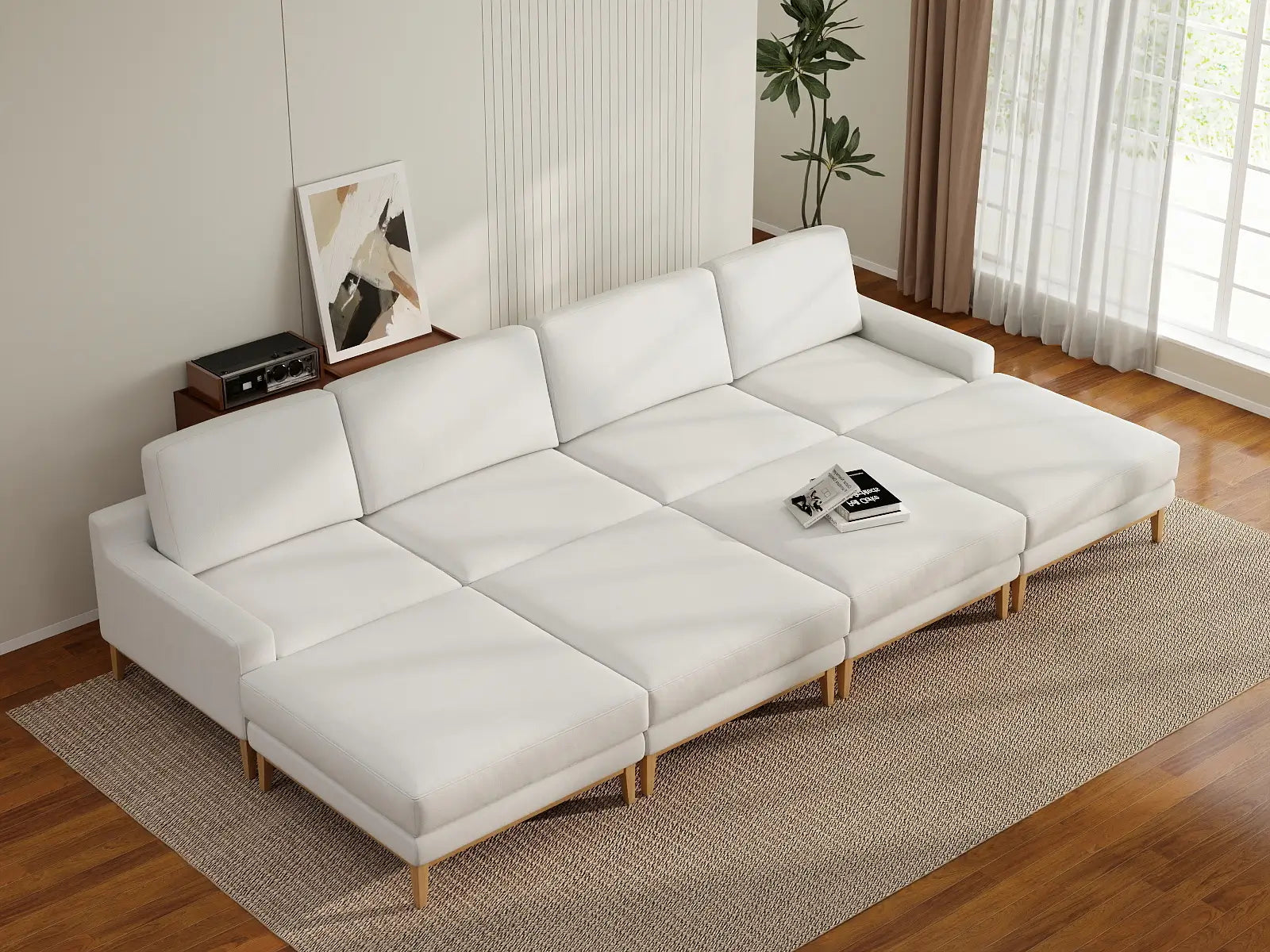 Deluxe Cloud 4-Seater White Open Space Pit Sectional | 8-Piece (Includes 4 Ottomans), Linen Look Poly Fabric, Easy To Clean