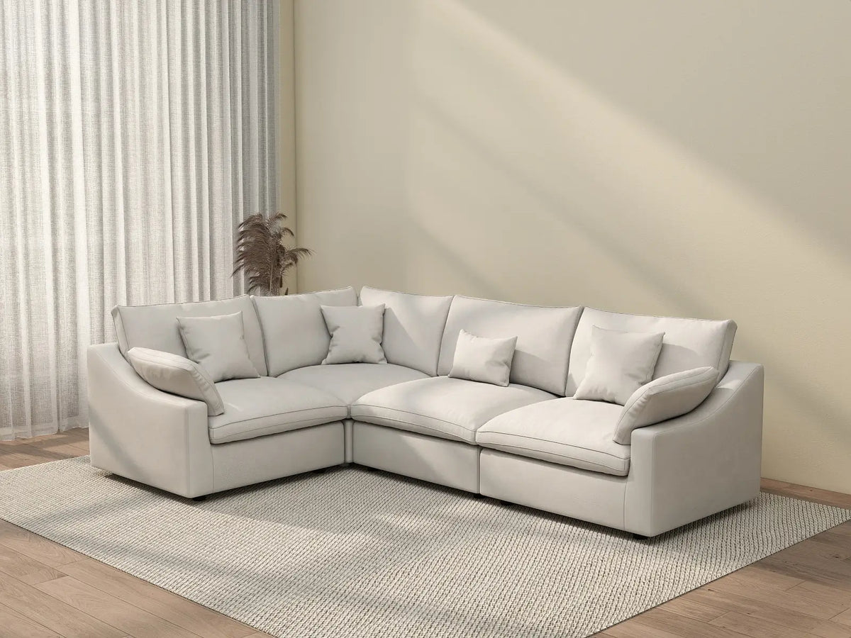 Deluxe Cloud 4-Seater White Pit Sectional | 4-Piece, Chenille And Linen Fabric, Washable Cushion Covers