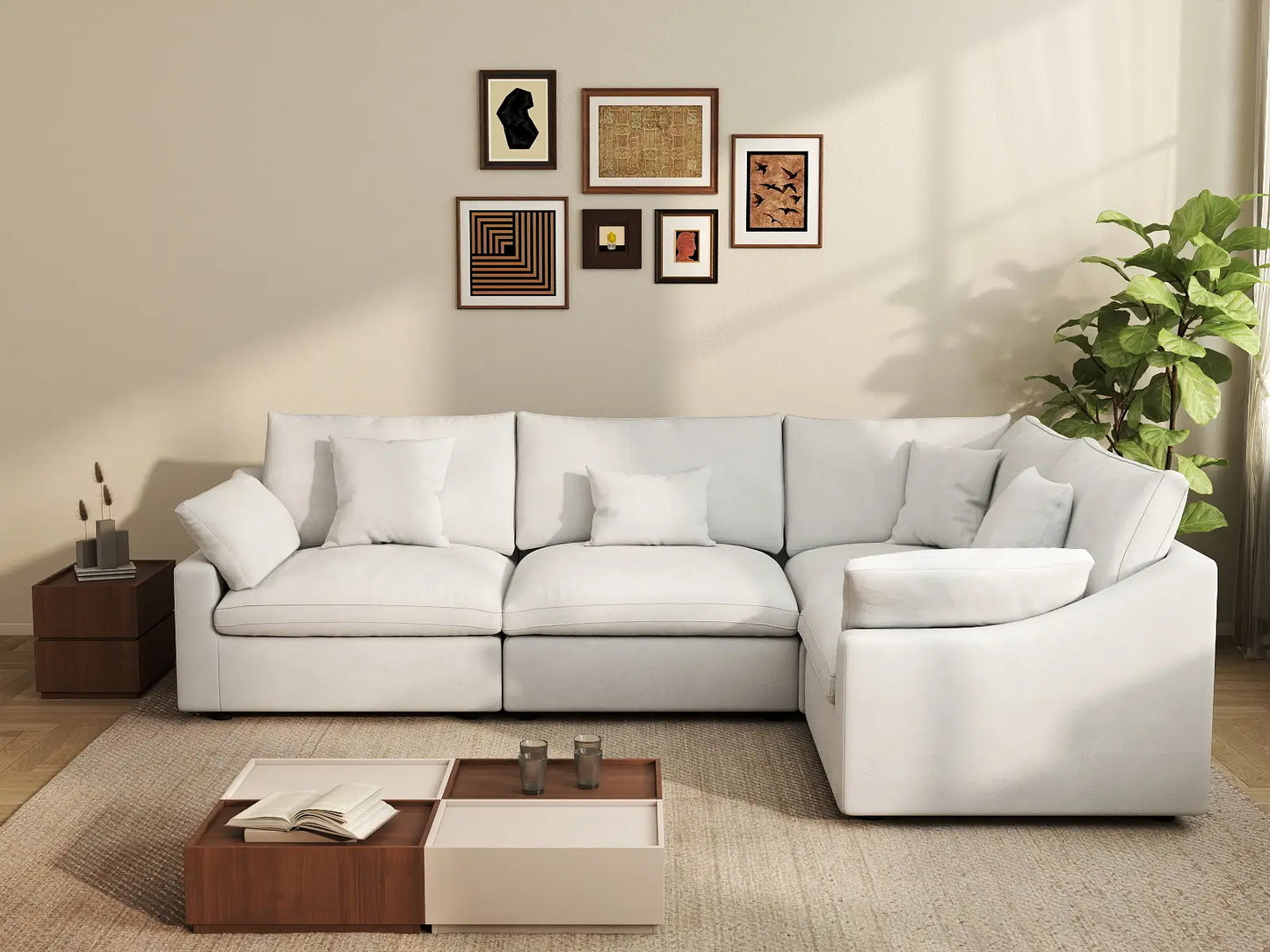 Deluxe Cloud 4-Seater White Pit Sectional | 4-Piece, Chenille And Linen Fabric, Washable Cushion Covers