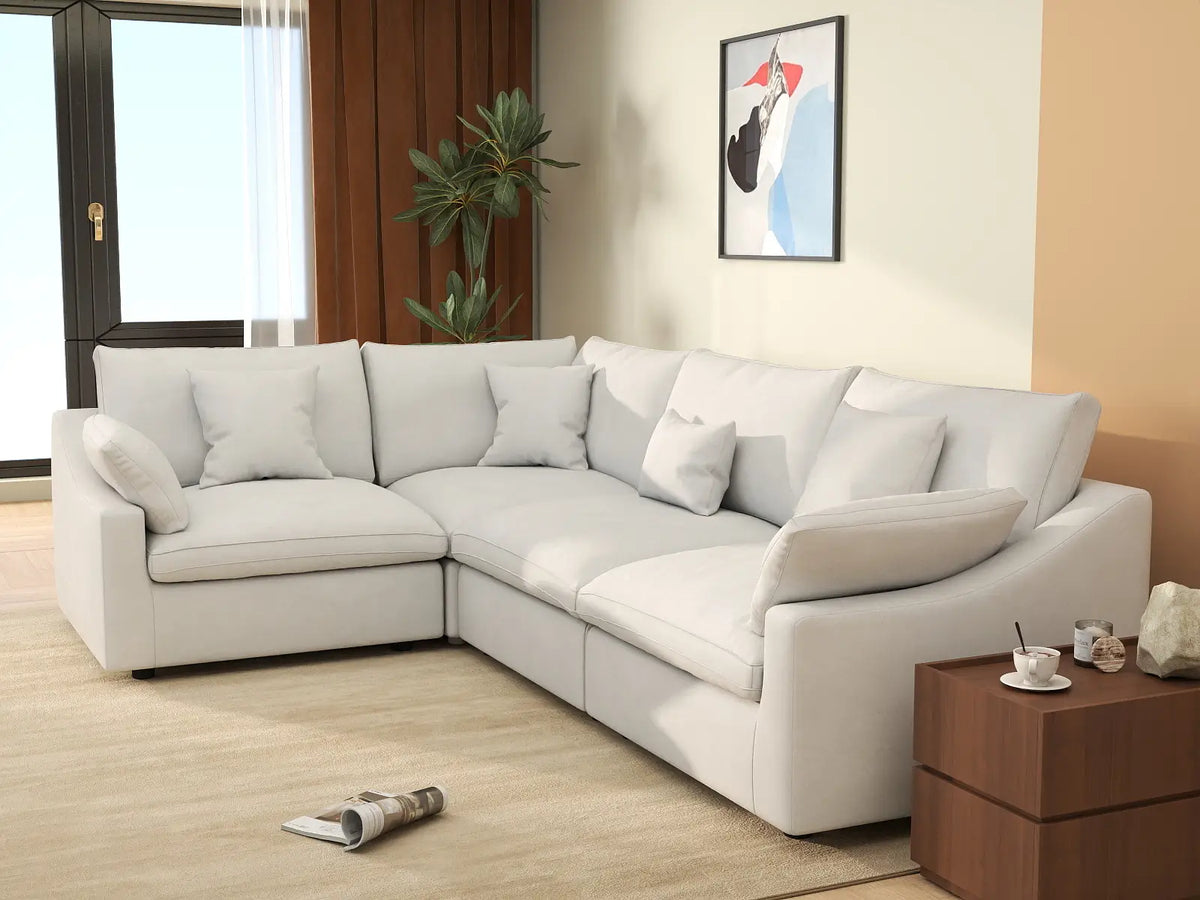Deluxe Cloud 4-Seater White Pit Sectional | 4-Piece, Chenille And Linen Fabric, Washable Cushion Covers
