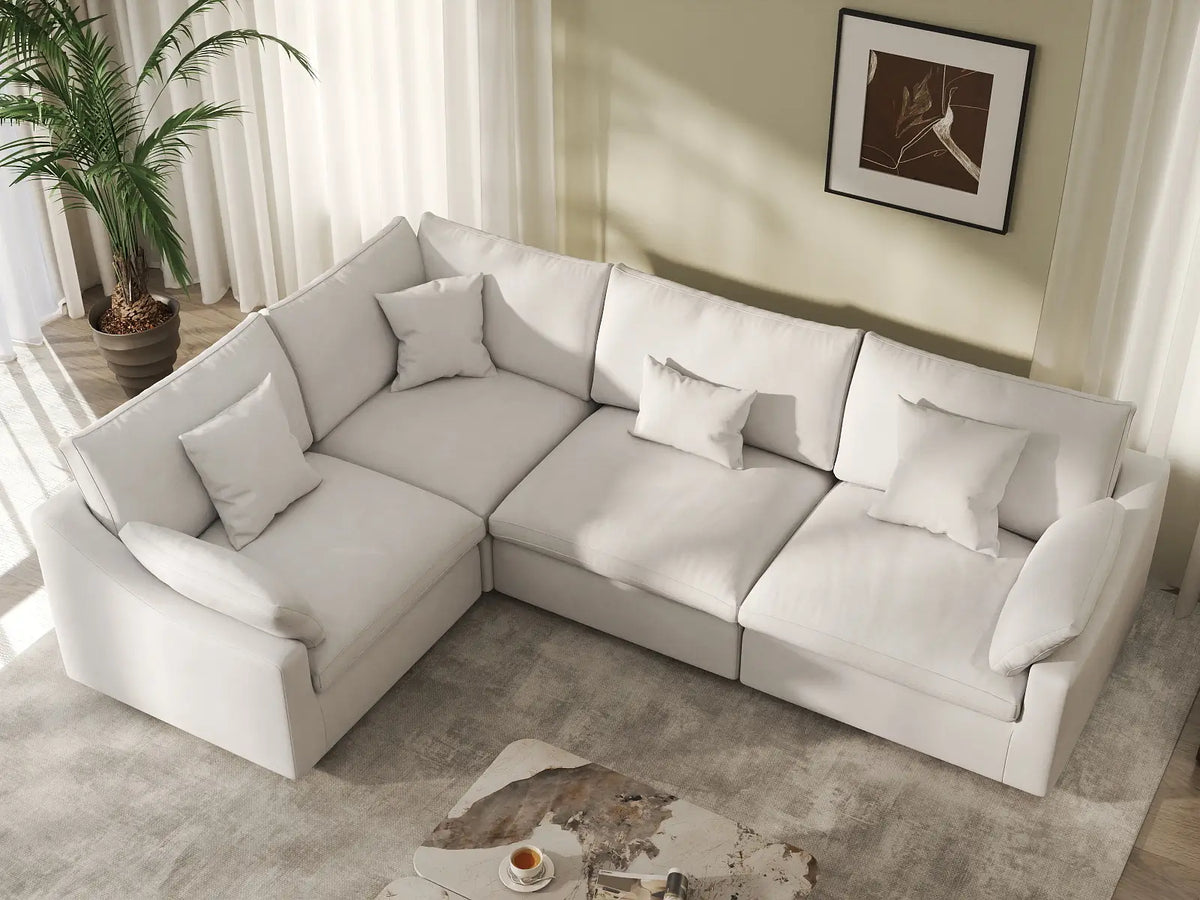 Deluxe Cloud 4-Seater White Pit Sectional | 4-Piece, Chenille And Linen Fabric, Washable Cushion Covers
