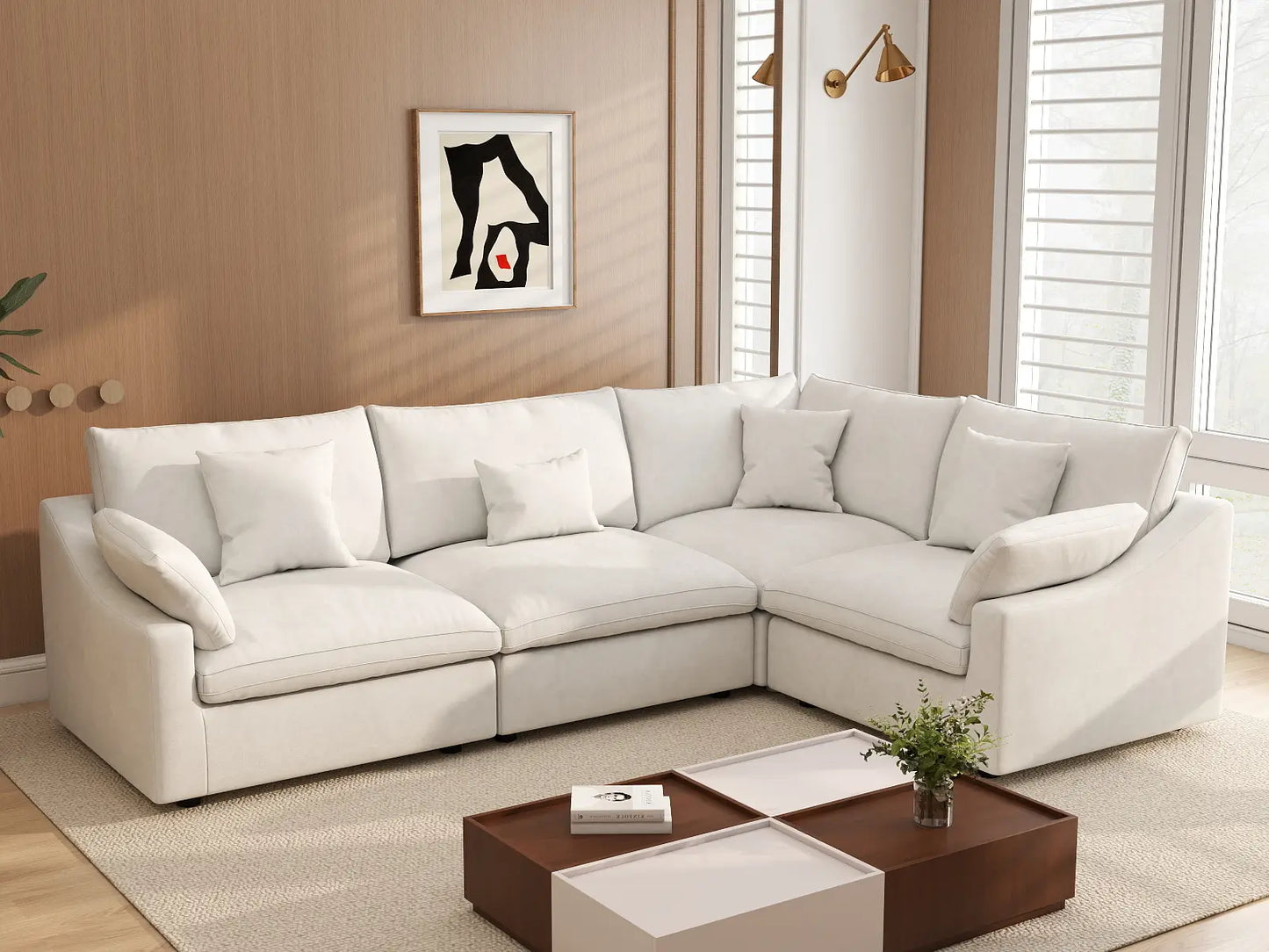 Deluxe Cloud 4-Seater White Pit Sectional | 4-Piece, Chenille And Linen Fabric, Washable Cushion Covers