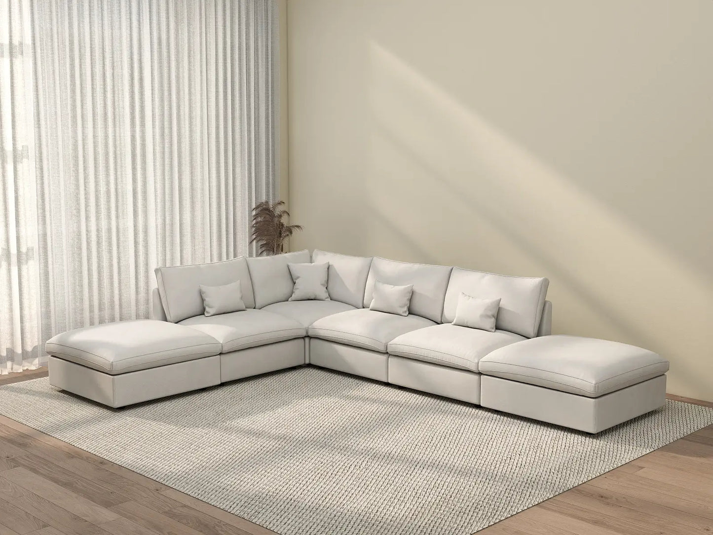 Deluxe Cloud 4-Seater White Pit Sectional | 6-Piece (Includes 2 Ottomans), Chenille And Linen Fabric, Washable Cushion Covers