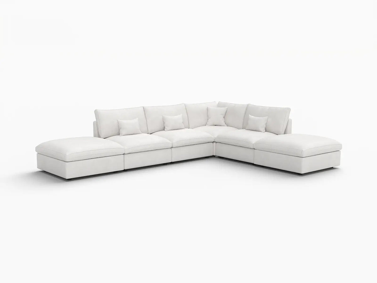 Deluxe Cloud 4-Seater White Pit Sectional | 6-Piece (Includes 2 Ottomans), Chenille And Linen Fabric, Washable Cushion Covers