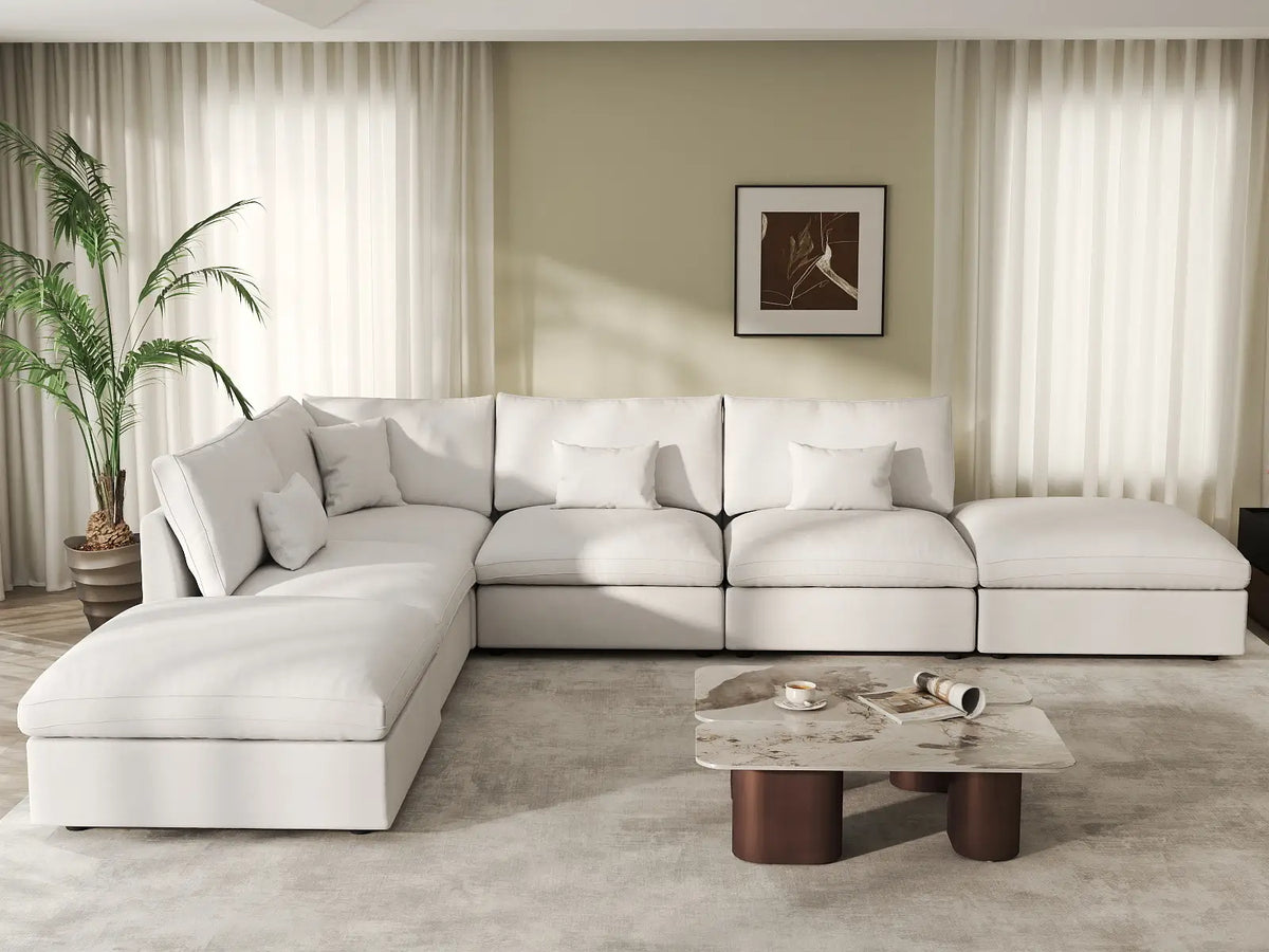 Deluxe Cloud 4-Seater White Pit Sectional | 6-Piece (Includes 2 Ottomans), Chenille And Linen Fabric, Washable Cushion Covers