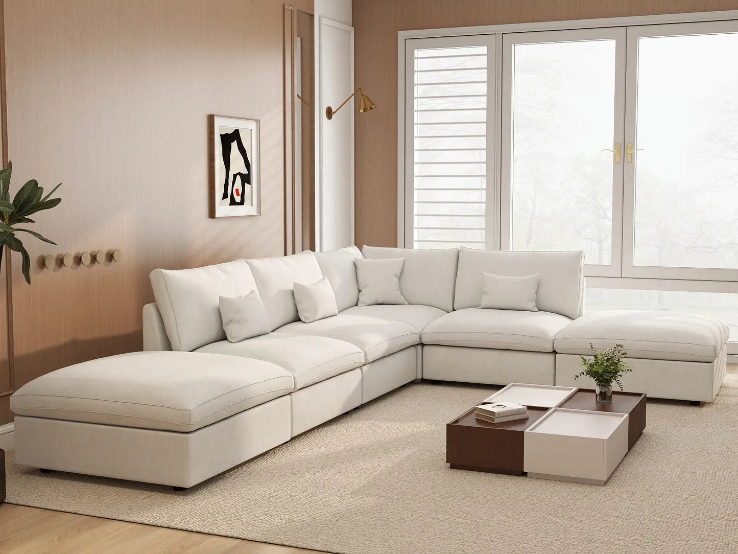 Deluxe Cloud 4-Seater White Pit Sectional | 6-Piece (Includes 2 Ottomans), Chenille And Linen Fabric, Washable Cushion Covers