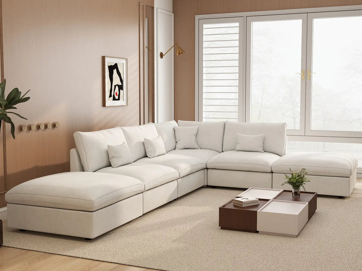 Deluxe Cloud 4-Seater White Pit Sectional | 6-Piece (Includes 2 Ottomans), Chenille And Linen Fabric, Washable Cushion Covers