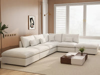 Deluxe Cloud 4-Seater White Pit Sectional | 6-Piece (Includes 2 Ottomans), Chenille And Linen Fabric, Washable Cushion Covers