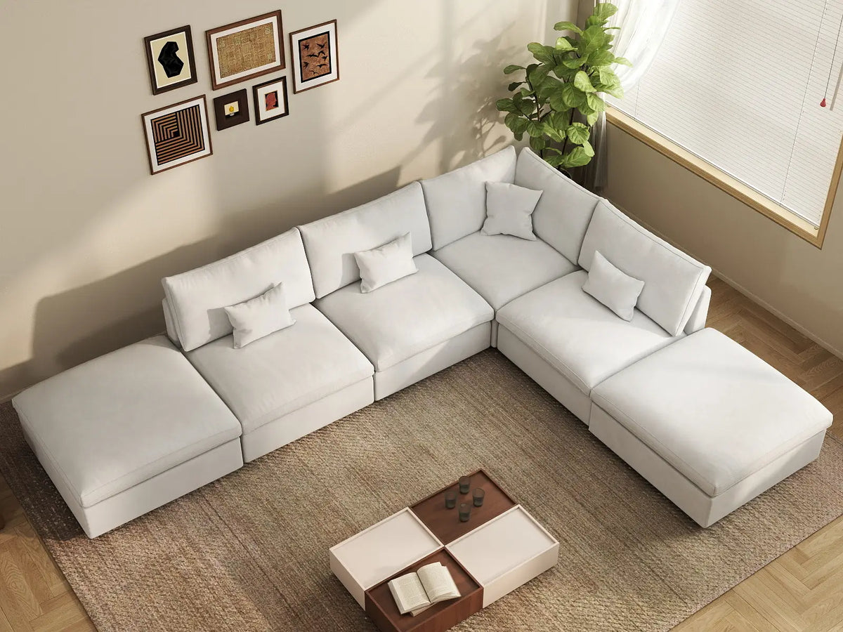 Deluxe Cloud 4-Seater White Pit Sectional | 6-Piece (Includes 2 Ottomans), Chenille And Linen Fabric, Washable Cushion Covers