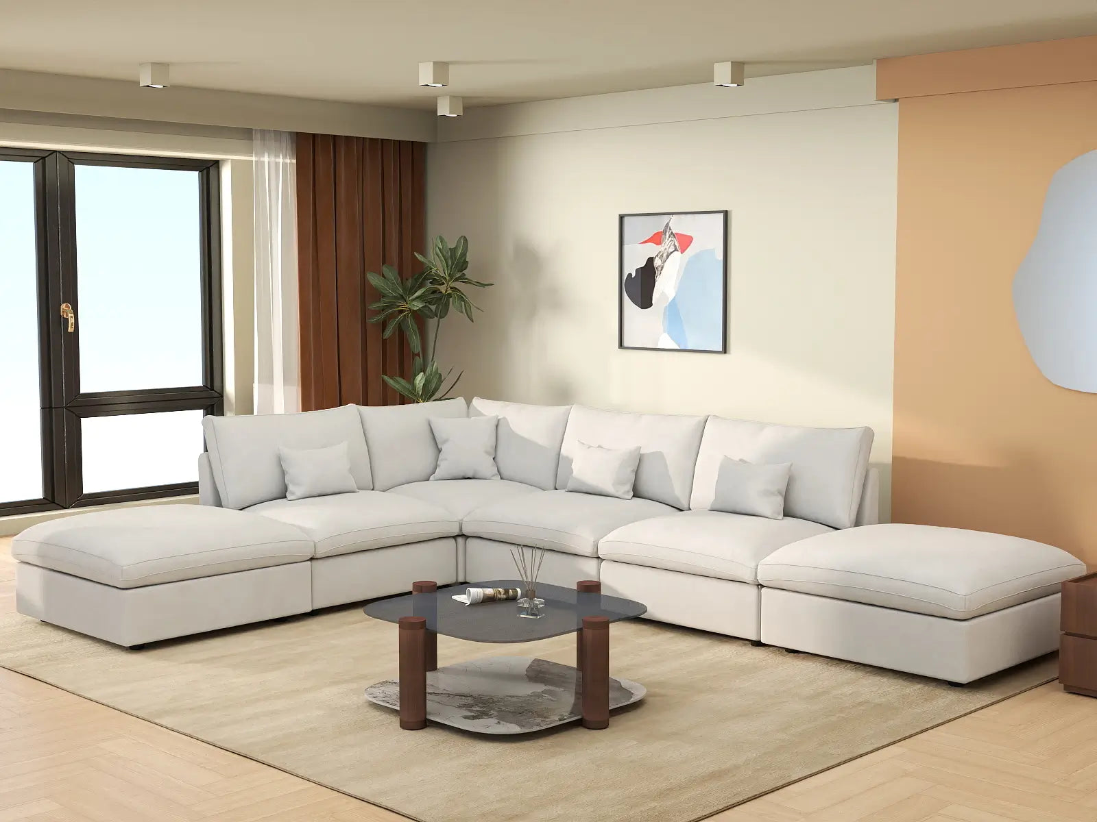 Deluxe Cloud 4-Seater White Pit Sectional | 6-Piece (Includes 2 Ottomans), Chenille And Linen Fabric, Washable Cushion Covers