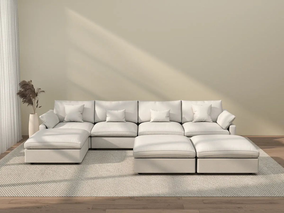 Deluxe Cloud 4-Seater White Pit Sectional | 7-Piece (Includes 3 Ottomans), Chenille And Linen Fabric, Washable Cushion Covers
