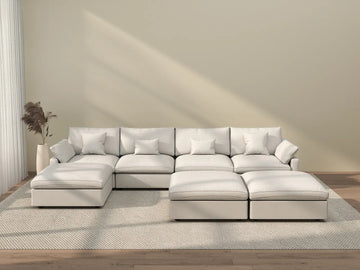 Deluxe Cloud 4-Seater White Pit Sectional | 7-Piece (Includes 3 Ottomans), Chenille And Linen Fabric, Washable Cushion Covers