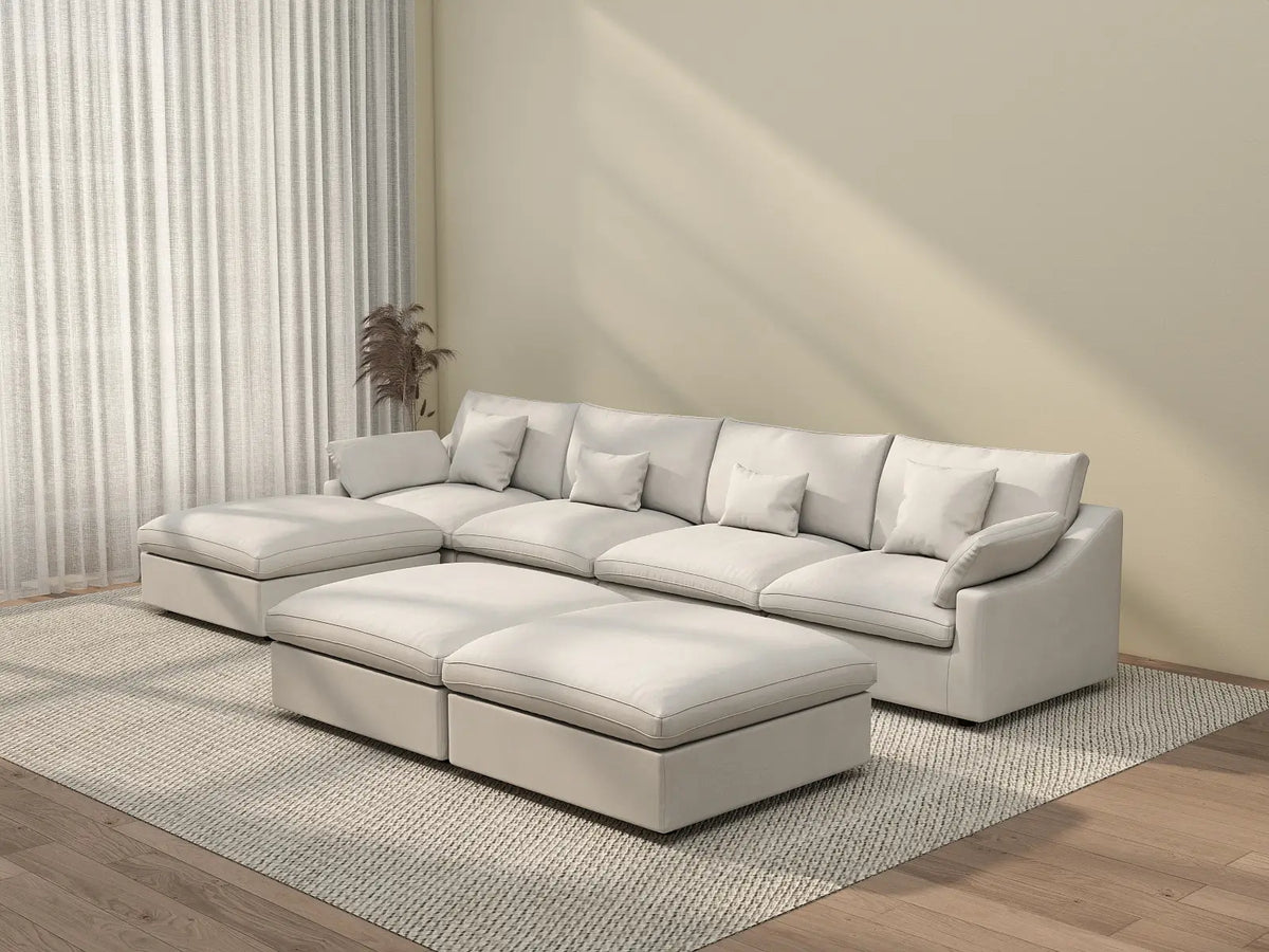 Deluxe Cloud 4-Seater White Pit Sectional | 7-Piece (Includes 3 Ottomans), Chenille And Linen Fabric, Washable Cushion Covers