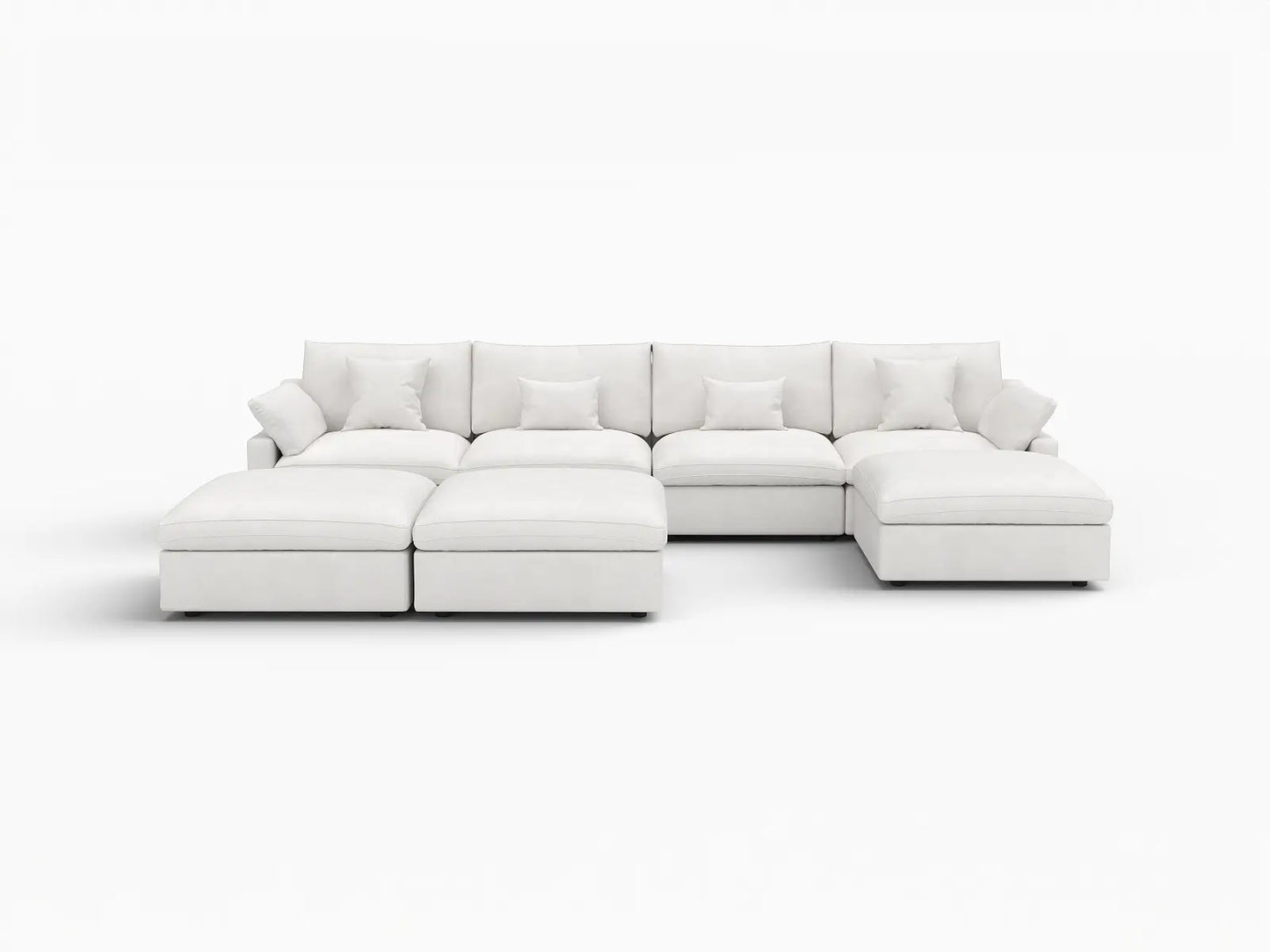 Deluxe Cloud 4-Seater White Pit Sectional | 7-Piece (Includes 3 Ottomans), Chenille And Linen Fabric, Washable Cushion Covers