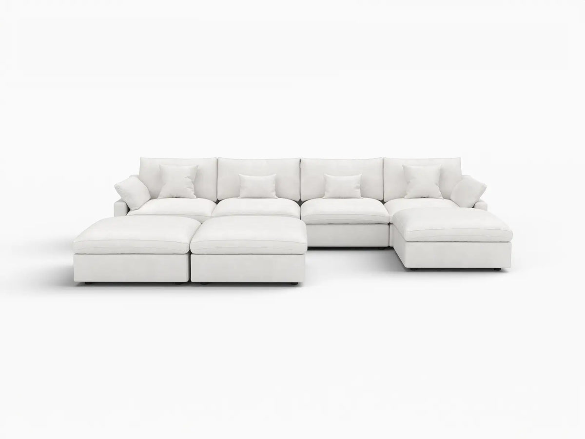 Deluxe Cloud 4-Seater White Pit Sectional | 7-Piece (Includes 3 Ottomans), Chenille And Linen Fabric, Washable Cushion Covers