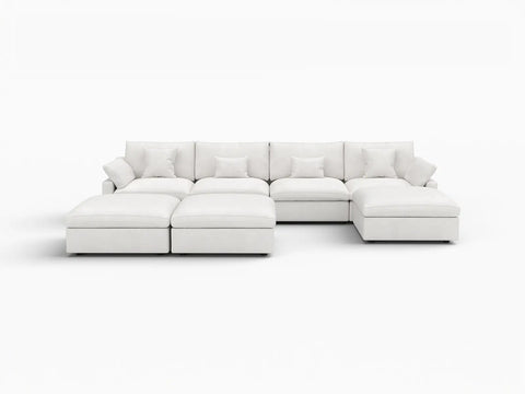 Deluxe Slope Cloud Sectional Sofa Covers | White Chenille and Linen Sofa Cover for 4-Seater with 3-Ottomans