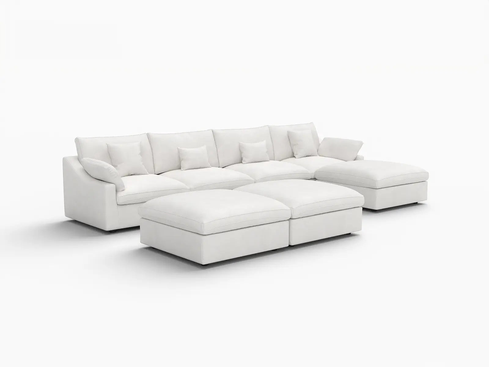 Deluxe Cloud 4-Seater White Pit Sectional | 7-Piece (Includes 3 Ottomans), Chenille And Linen Fabric, Washable Cushion Covers
