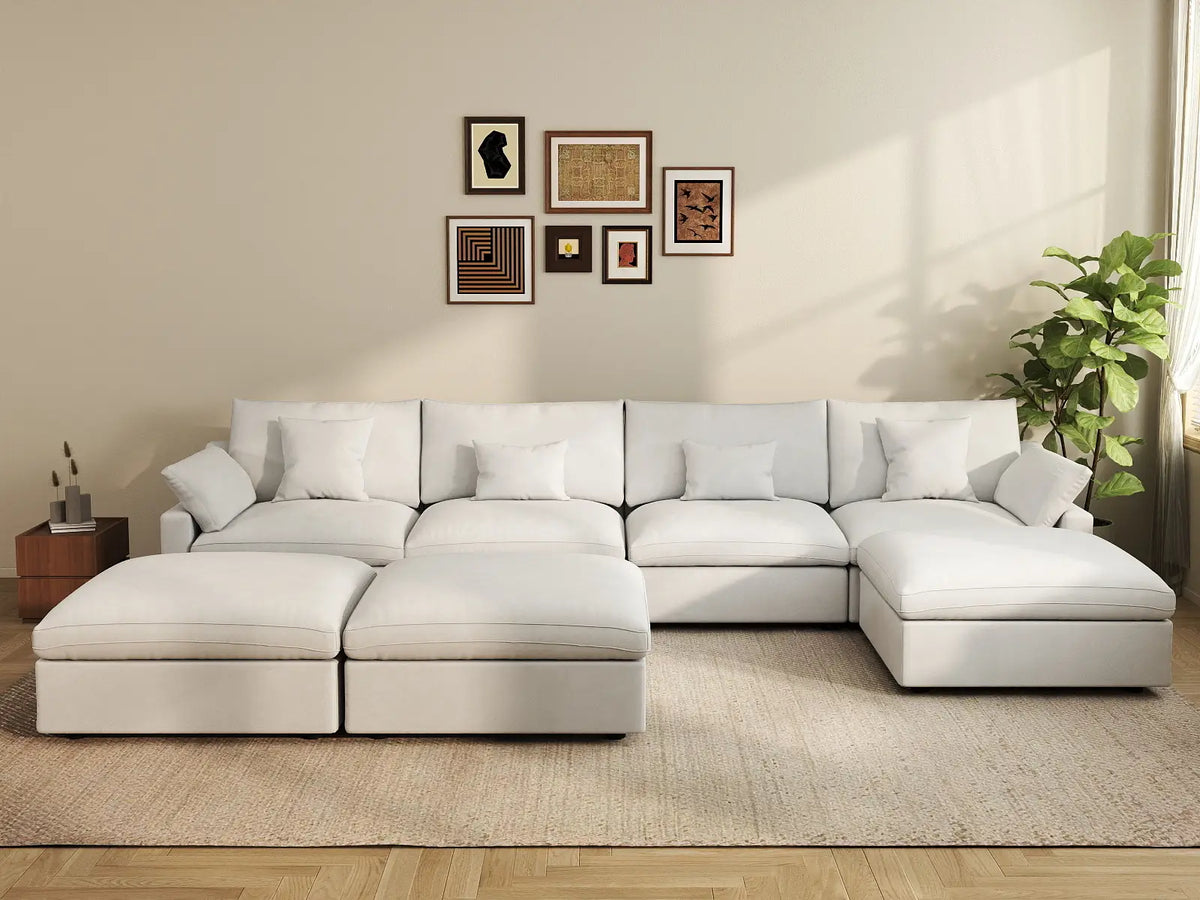 Deluxe Cloud 4-Seater White Pit Sectional | 7-Piece (Includes 3 Ottomans), Chenille And Linen Fabric, Washable Cushion Covers