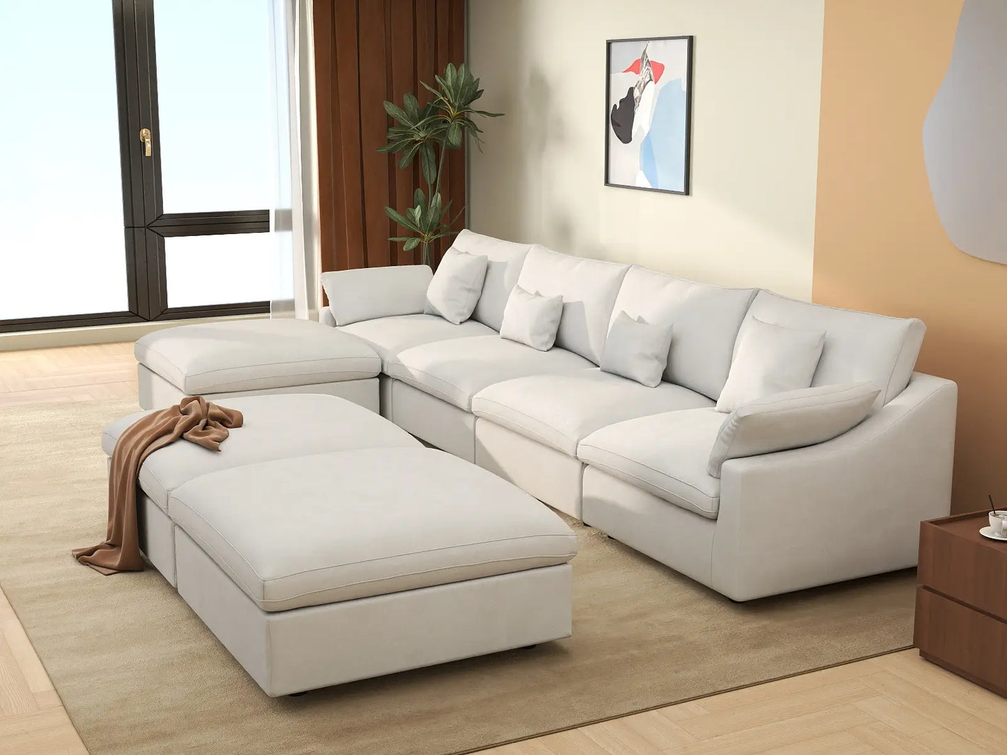 Deluxe Cloud 4-Seater White Pit Sectional | 7-Piece (Includes 3 Ottomans), Chenille And Linen Fabric, Washable Cushion Covers