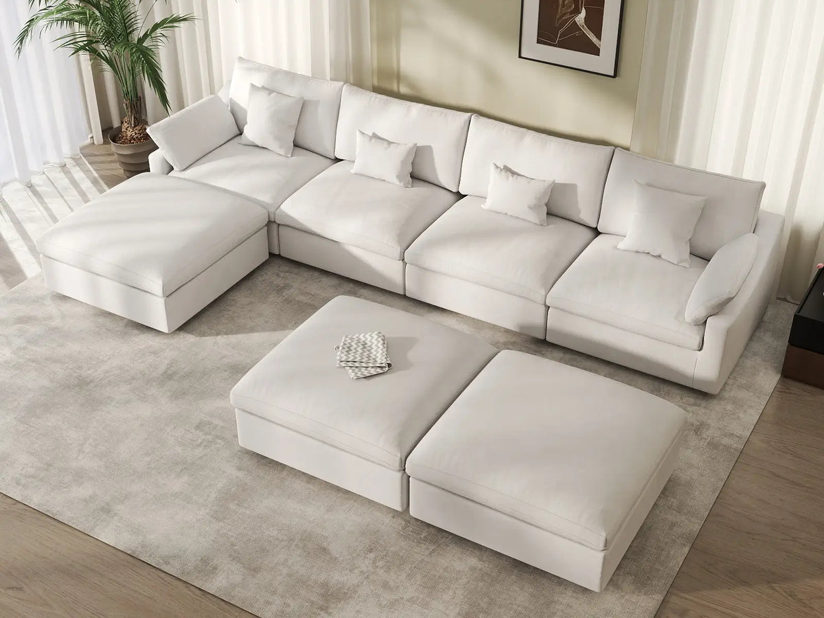 Deluxe Cloud 4-Seater White Pit Sectional | 7-Piece (Includes 3 Ottomans), Chenille And Linen Fabric, Washable Cushion Covers
