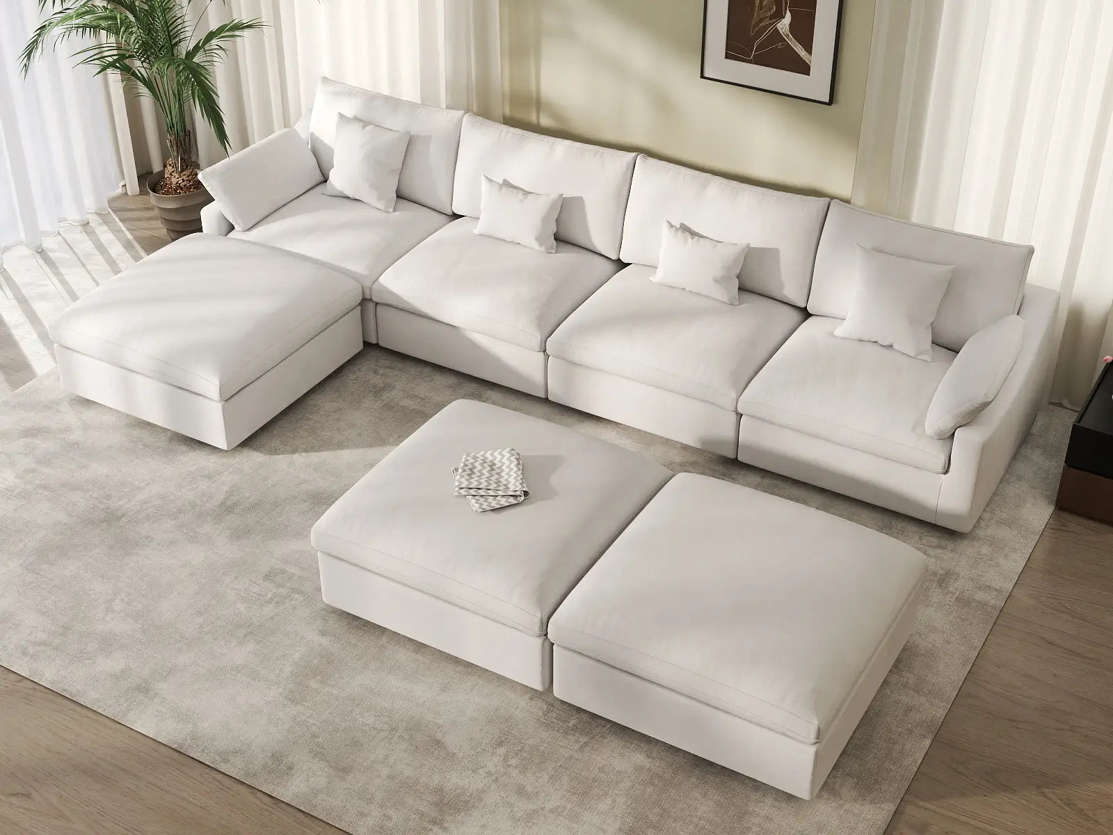 Deluxe Cloud 4-Seater White Pit Sectional | 7-Piece (Includes 3 Ottomans), Chenille And Linen Fabric, Washable Cushion Covers