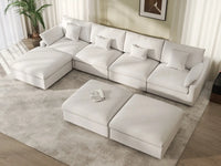 Deluxe Cloud 4-Seater White Pit Sectional | 7-Piece (Includes 3 Ottomans), Chenille And Linen Fabric, Washable Cushion Covers