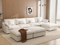 Deluxe Cloud 4-Seater White Pit Sectional | 7-Piece (Includes 3 Ottomans), Chenille And Linen Fabric, Washable Cushion Covers