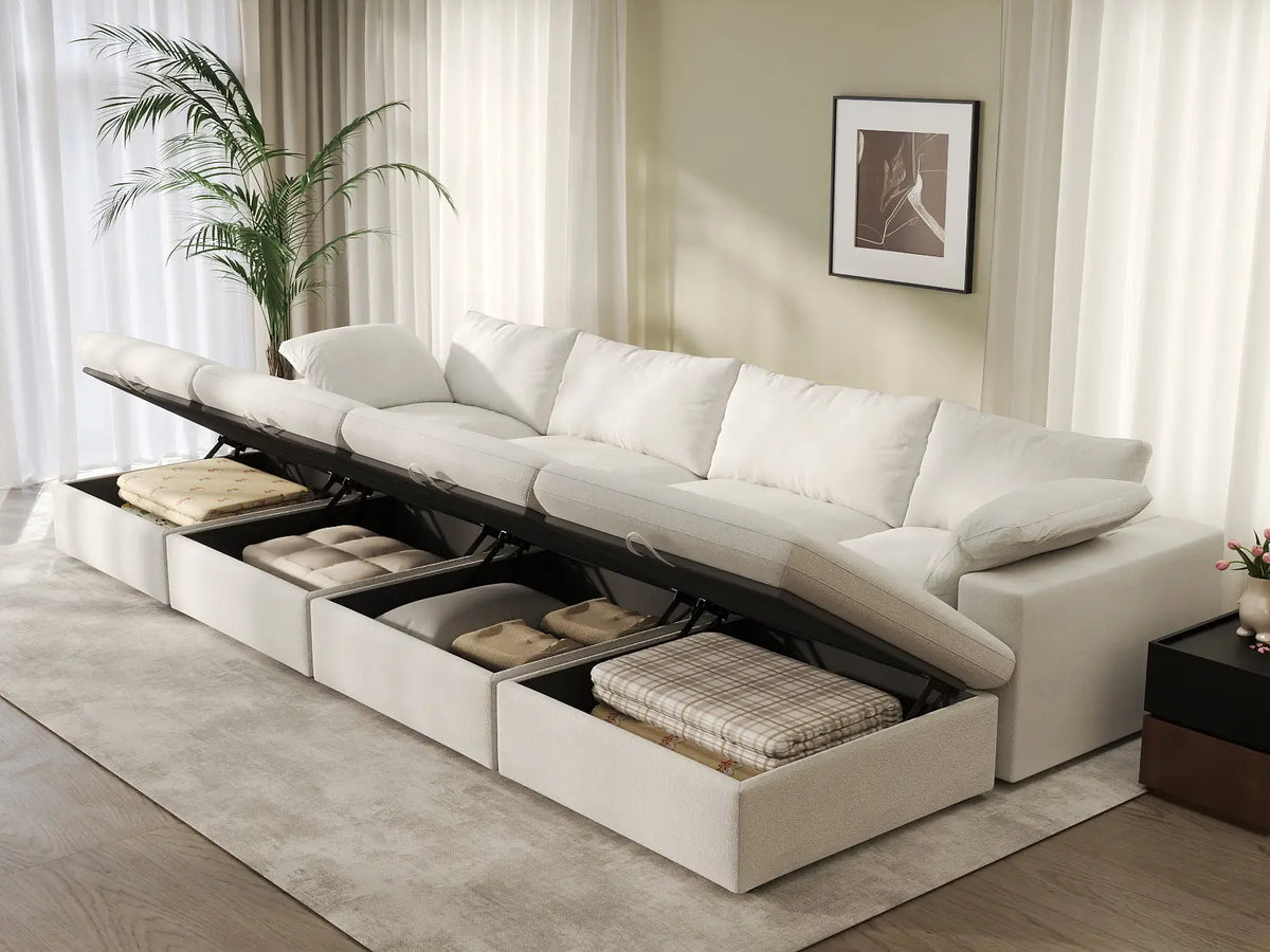 Deluxe Premium Cloud Sectional Sofa Covers | White Cotton and Linen Sofa Cover for 4-Seater with 4-Ottomans