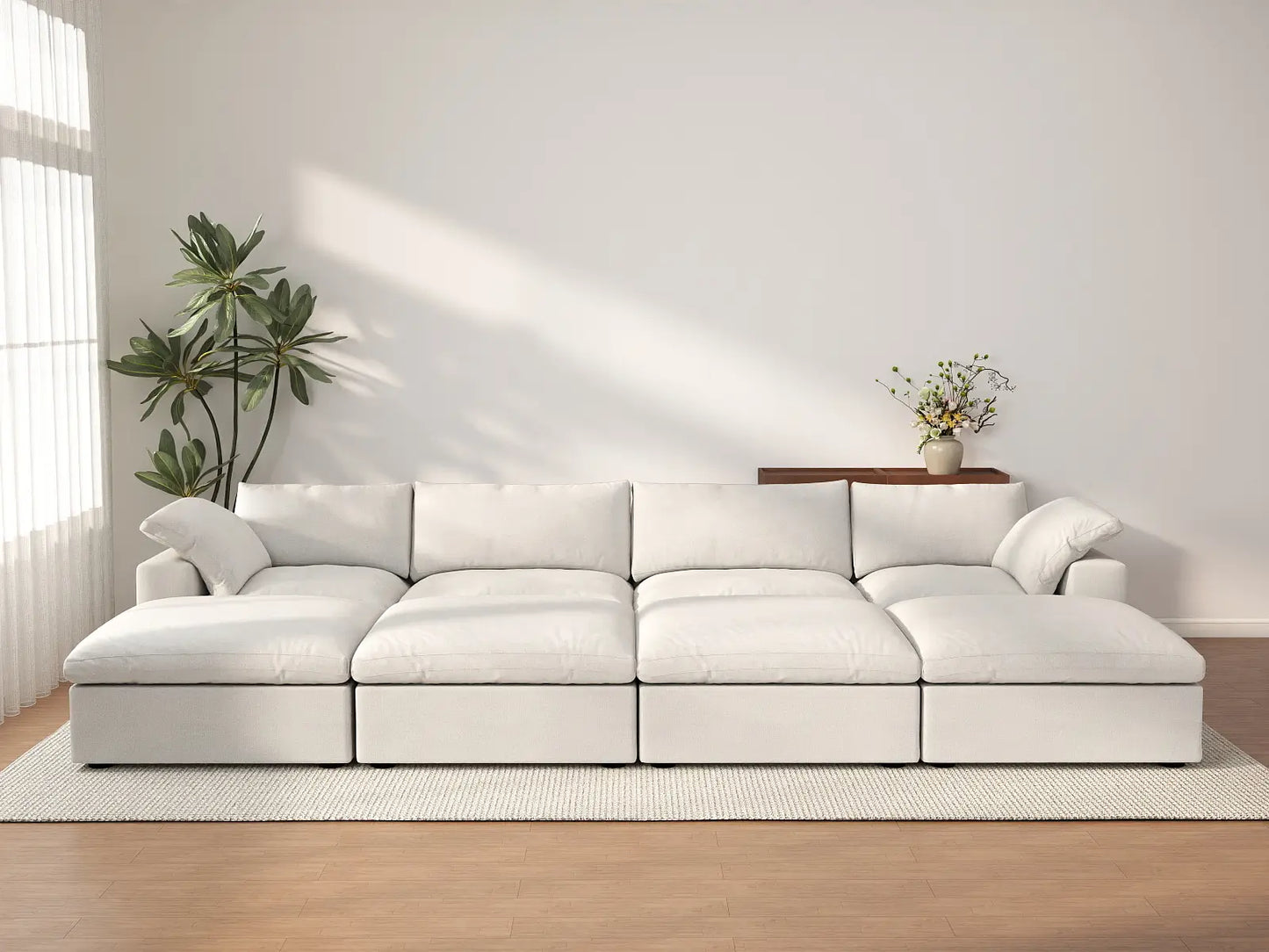 Deluxe Cloud 4-Seater White Pit Sectional | 8-Piece (Includes 4 Ottomans), Cotton And Linen Fabric, Family Room Seating, Washable Cushion Covers