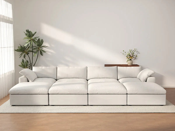 Deluxe Cloud 4-Seater White Pit Sectional | 8-Piece (Includes 4 Ottomans), Cotton And Linen Fabric, Family Room Seating, Washable Cushion Covers